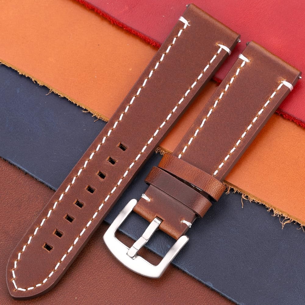 Vintage Leather Watch Band Sport Strap 18mm 20mm 22mm 24mm Genuine Cowhide 7 Colors Watchband Accessories for Men Women(Dark Brown Silver,24mm)