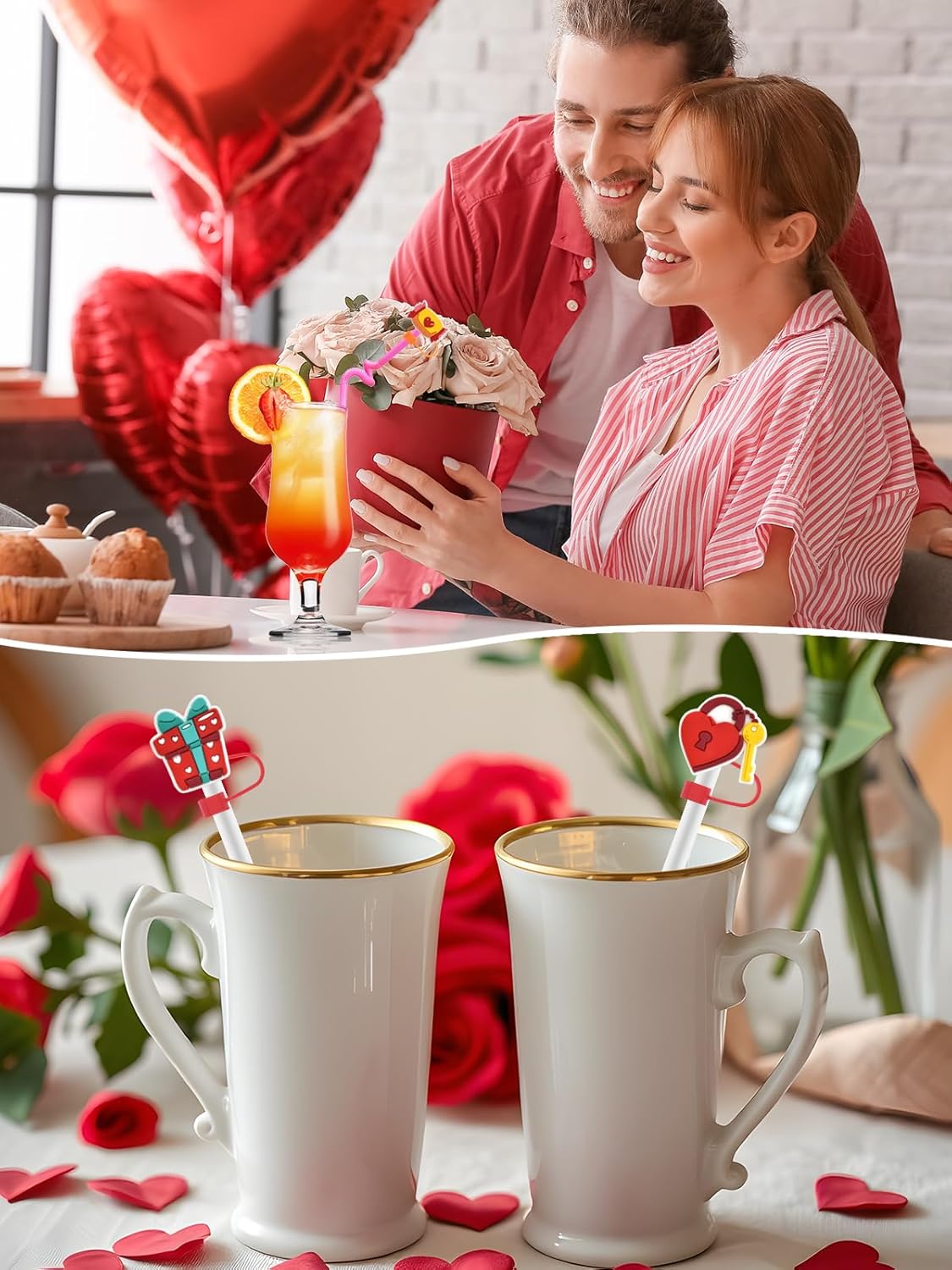 10 Pcs Valentine's Day Straw Toppers Straw Cover for Cup 30-40 oz, PLULON 10 mm Silicone Straw Toppers Sweet Heart Reusable Straw Tip Covers Dust-Proof Straw Protector Accessories - Image 6