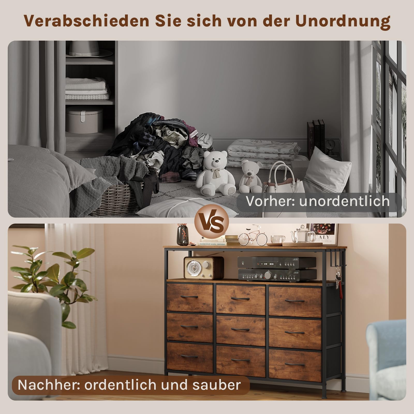 WOLTU Kommode mit 9 Stoffschubladen, LED und Steckdosen, Schubladenschrank mit Metallrahmen, Sideboard Wohnzimmer Schlafzimmer Flur, Rustikales Braun Schwarz