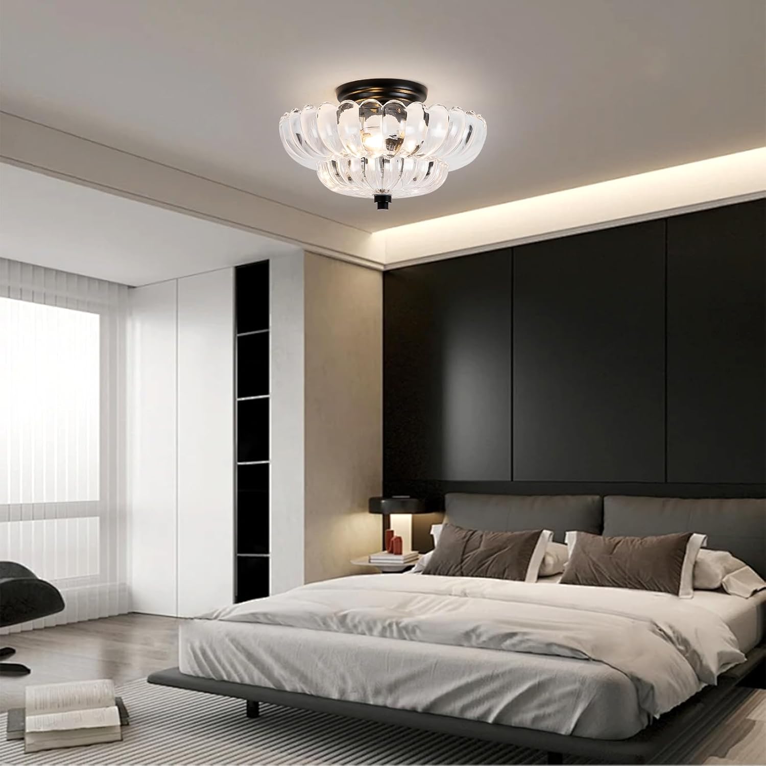 Semi Flush Mount Ceiling Light, Vintage Glass Close to Ceiling Light Fixtures with 3 Lights, Modern Black Flush Mount Ceiling Lights for Hallway, Bedroom, Kitchen, Living Room