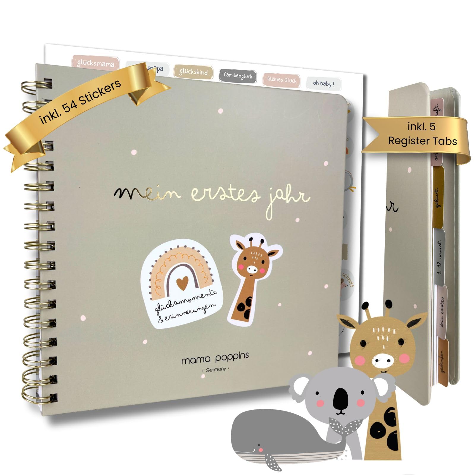 Babyalbum Mein Erstes Jahr, Erinnerungsbuch zum Ausfüllen, Babytagebuch mit 5 Register-Trennblättern und 54 Stickers (Grün)