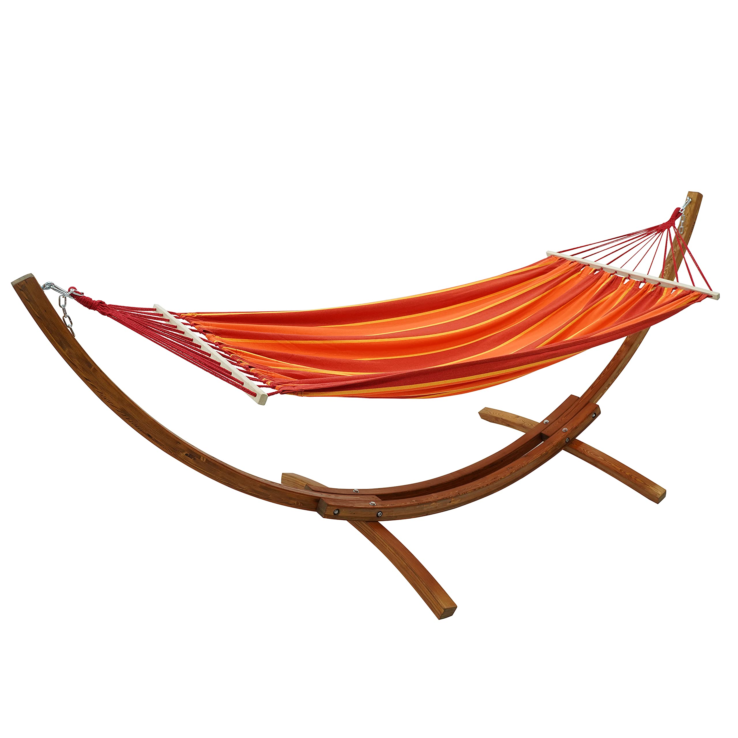 Amaca da Giardino in Cotone 200x150 cm Arancione con Barre di Diffusione in Legno da 100 cm Sollevamento Carico di 150 kg