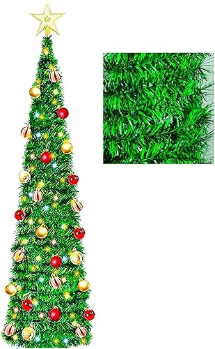 Árbol de Navidad artificial con 100 luces de color, árbol de Navidad plegable de oropel de 5 pies con bolas de Navidad, decoraciones de Navidad para