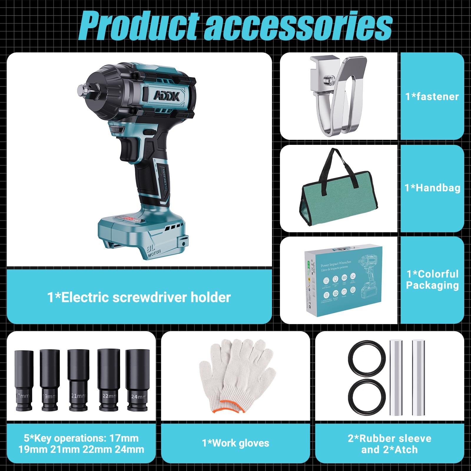 Clé à Chocs Sans Fil Brushless ONEVAN, 380Nm 1/2 Boulonneuse A Choc Avec 44pcs Accessoires Avec Deux Batteries Et Un Chargeur 85033419