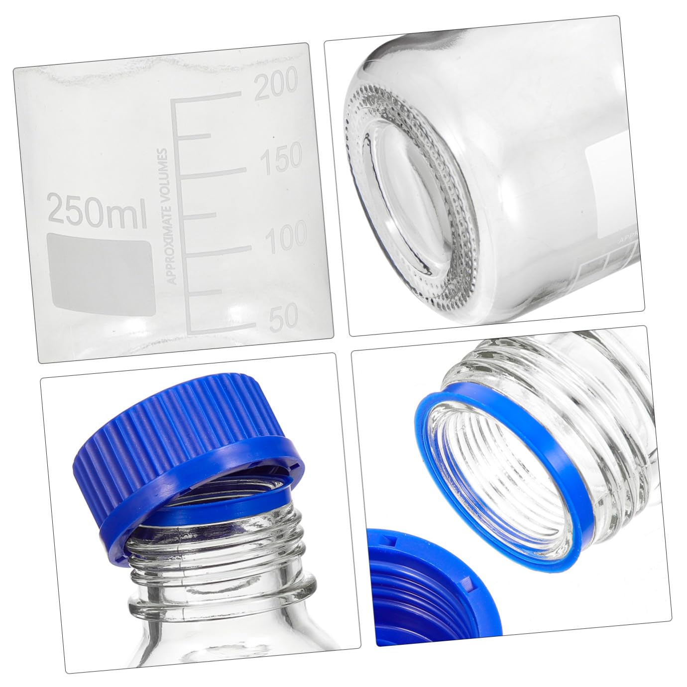 Luxshiny Flacone di Reagente in Vetro 250ml con Tappi a Vite Blu, Bottiglie Graduati Quadrate per Conservazione Liquidi Chimici, Set da 4 Pezzi per Laboratorio, Industria e Uso Domestico
