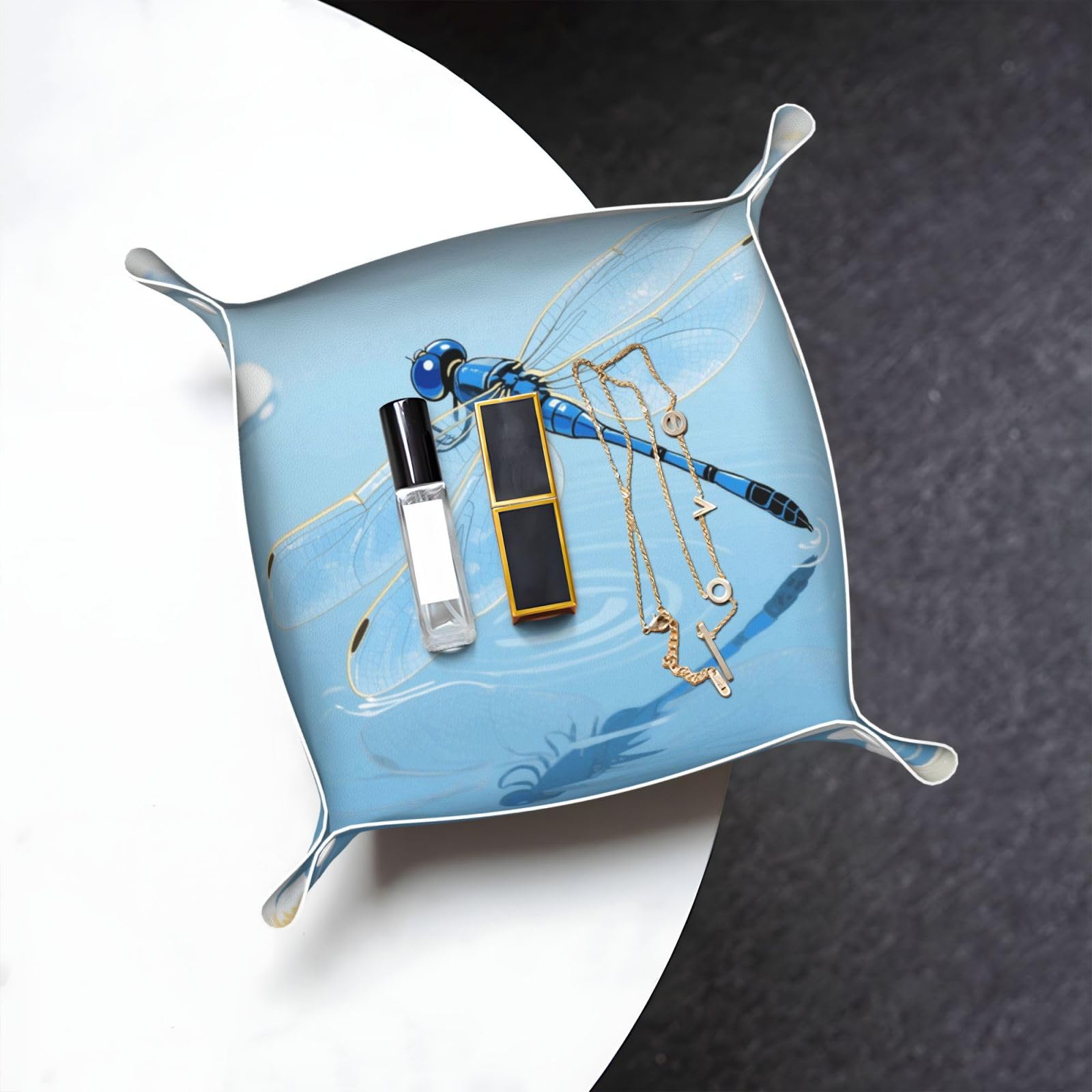 Blue Vintage Dragonfly Valet Tray Organizer Pu Leather Travel Catchall Tray Organizer Portable Jewelry Tray Storage Keys Tray for Entryway Table Coins Watches Candy