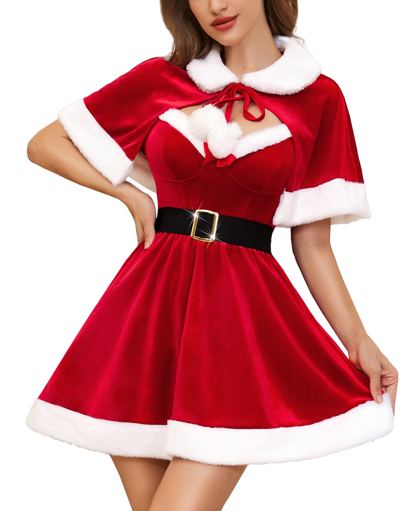 RSLOVE Costume Mere Noel Femme - Robe de Noël Tenue de Fete Deguisement Mère avec Cape