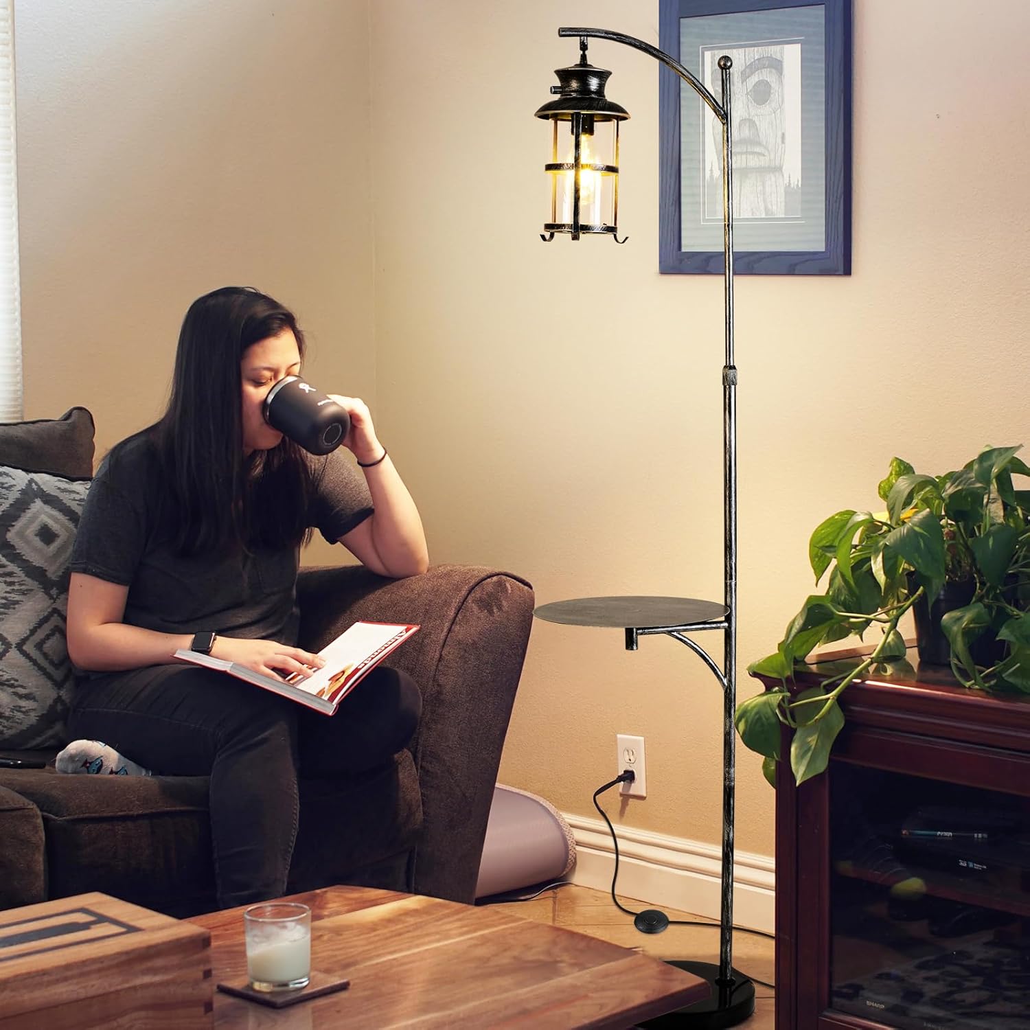 beaysyty Farmhouse Retro Adjustable Floor Lamps with Tray Lantern Tall Standing lamp for Bedroom Home Decor for Office Living Room Bedroom, Knob Switch (Silver Gray)