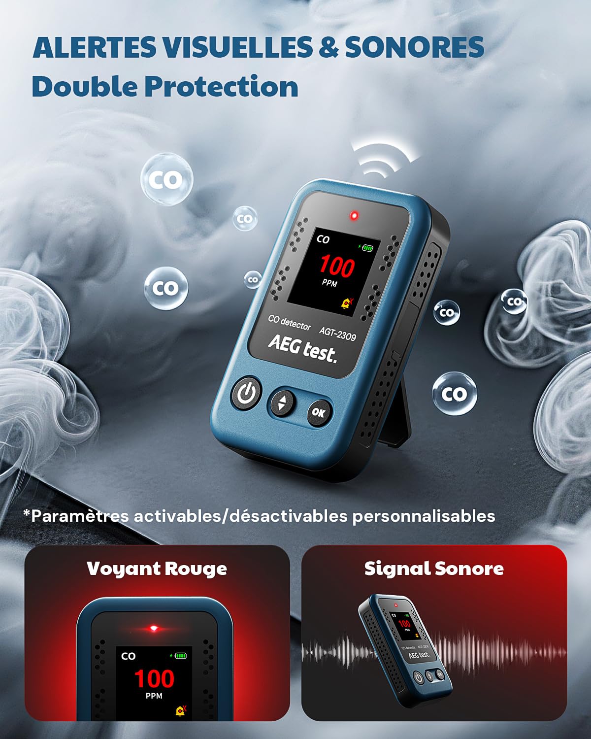 AGT-2309 Détecteur de monoxyde de Carbone Portable, autonomie 15 Jours, Mini détecteur Rechargeable avec Cordon pour Voyage et Camping, Alarme sonore et visuelle, 0–1000 ppm – Bleu