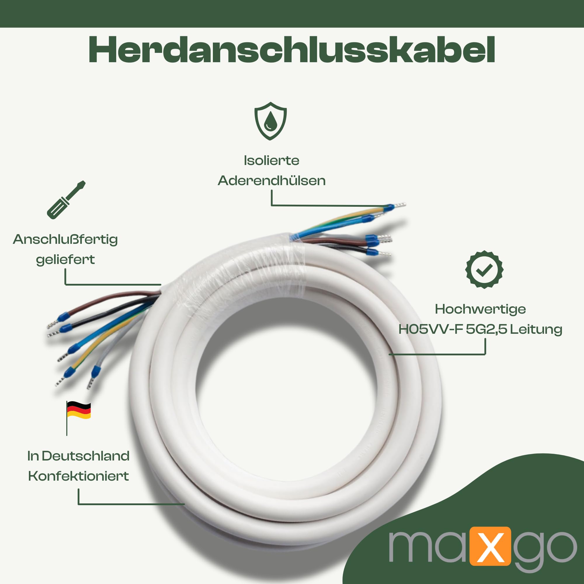 Herdanschlusskabel 2m H05VV-F 5x2,5 Kabel Herd Anschlußkabel Anschluss-Set für Backöfen & Herde Herdanschlussleitung Mantelleitung Backofen Anschlusskabel Herdanschlußkabel