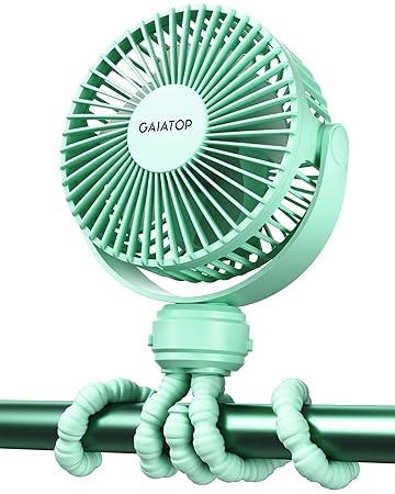 Gaiatop Mini Portable Stroller Fan, Battery Operated Small Clip on Fan, Detachable 3 Speed Rechargeable 360?? Rotate Flexible Tripod Handheld Desk Cooling Fan for Car Seat Crib Treadmill Travel Green