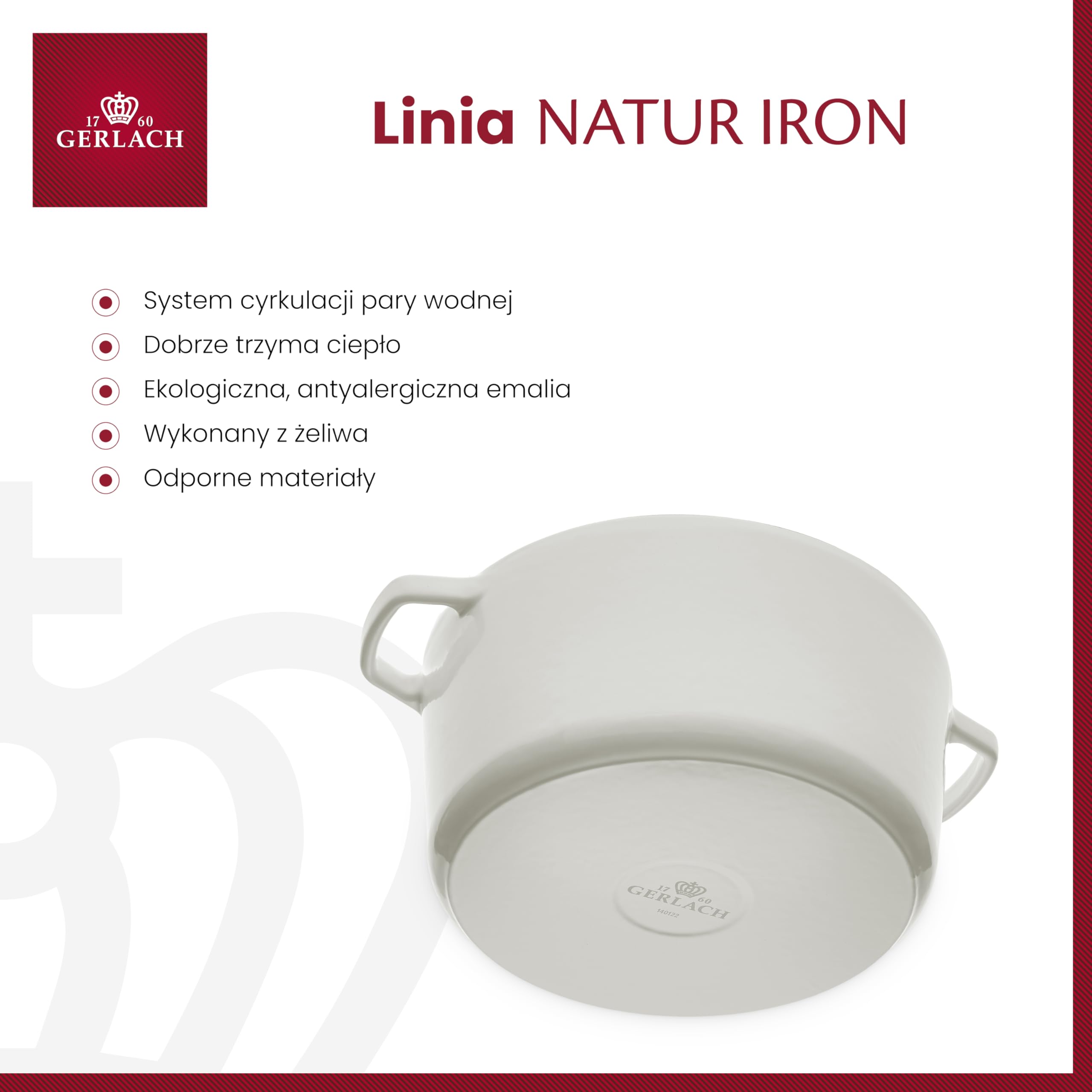 Gerlach Nature Iron Garnek Żeliwny 5 L z Pokrywką 26 cm na Indukcję Gas Garnek Emaliowany Garnek do Pieczenia Chleba Biały