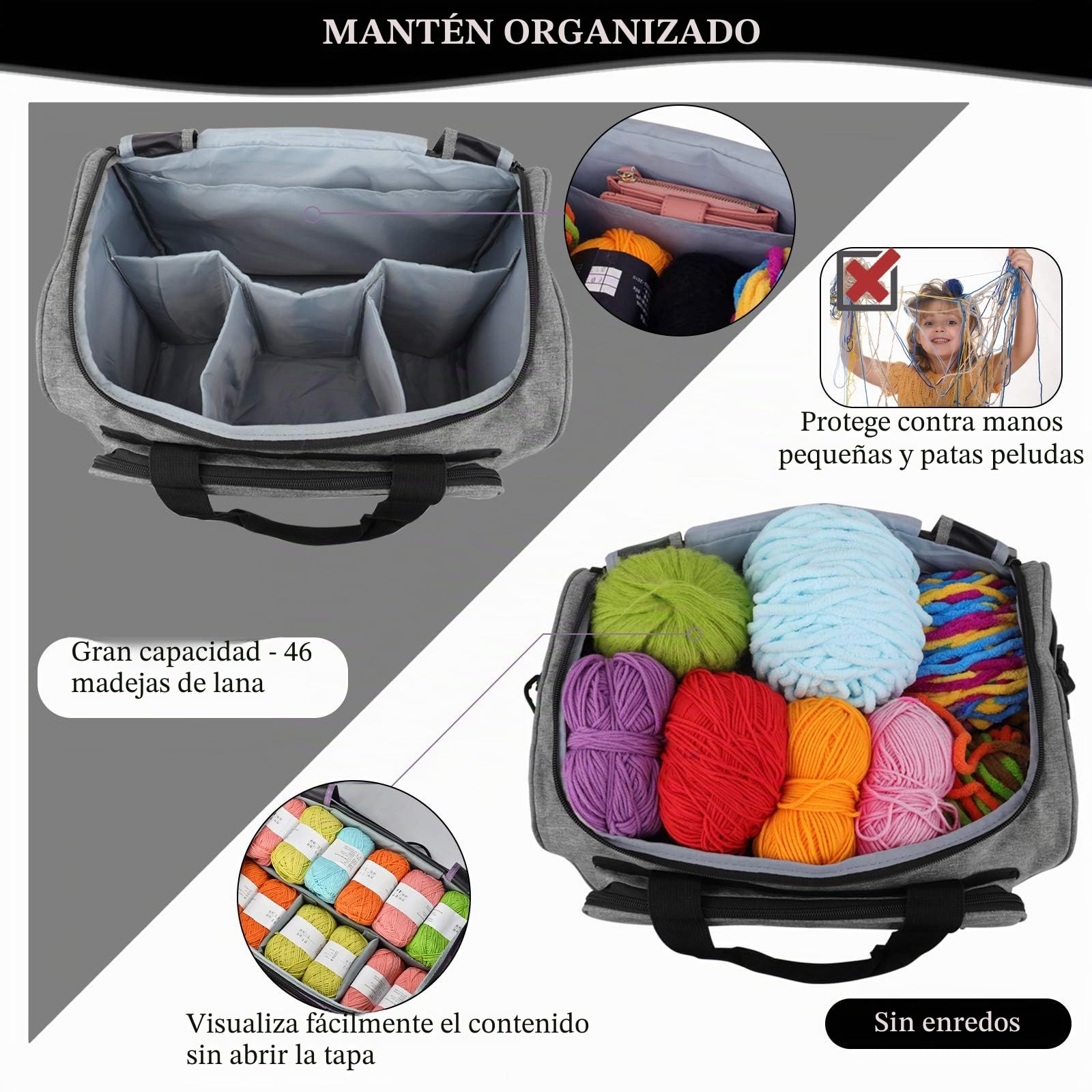 Coopay Bolsa de Hilo, Bolsa de Manualidades para Kit de Ganchillo y Almacenamiento de Kit de Punto de Cruz, Organizador de Hilo para Principiantes y Profesionales, Tela Oxford, Gris