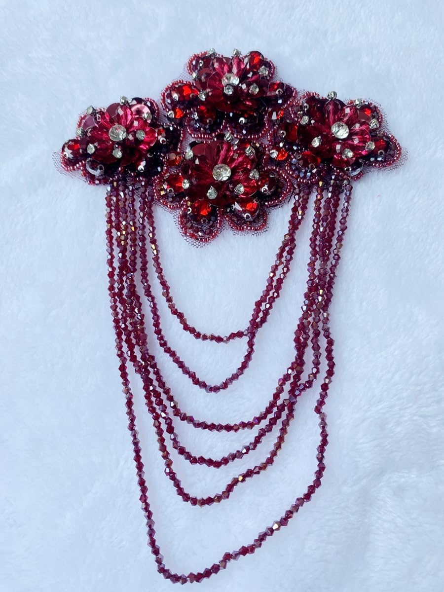 Handmade 3D Three-Dimensional Flower Rhinestones Applique Sewing Crystal Fringe Beads Sequins Patches Accessory for Wedding Dresses DIY Decorative 6X10inches 2PCS/Bag (Wine)