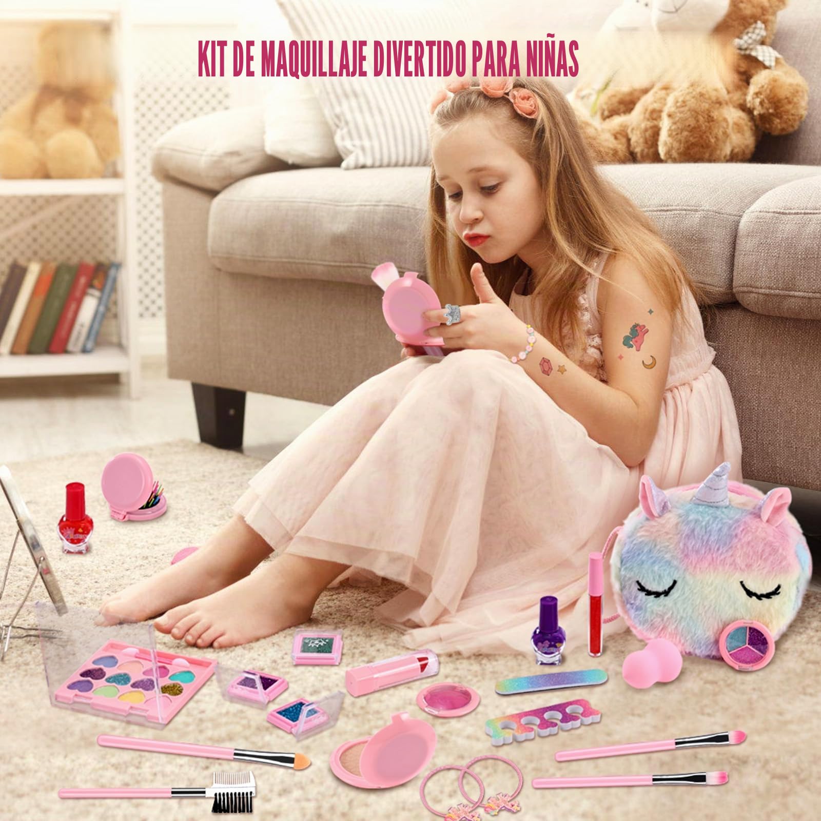 Maquillaje para Niñas, Anpro Kit de Maquillaje Niñas, Juego de Maquillaje para Niños Maquillaje Lavable y Seguro para Niñas, Juguete de Maquillajepara cumpleaños 3 4 5 6 7 8 9 10 Años