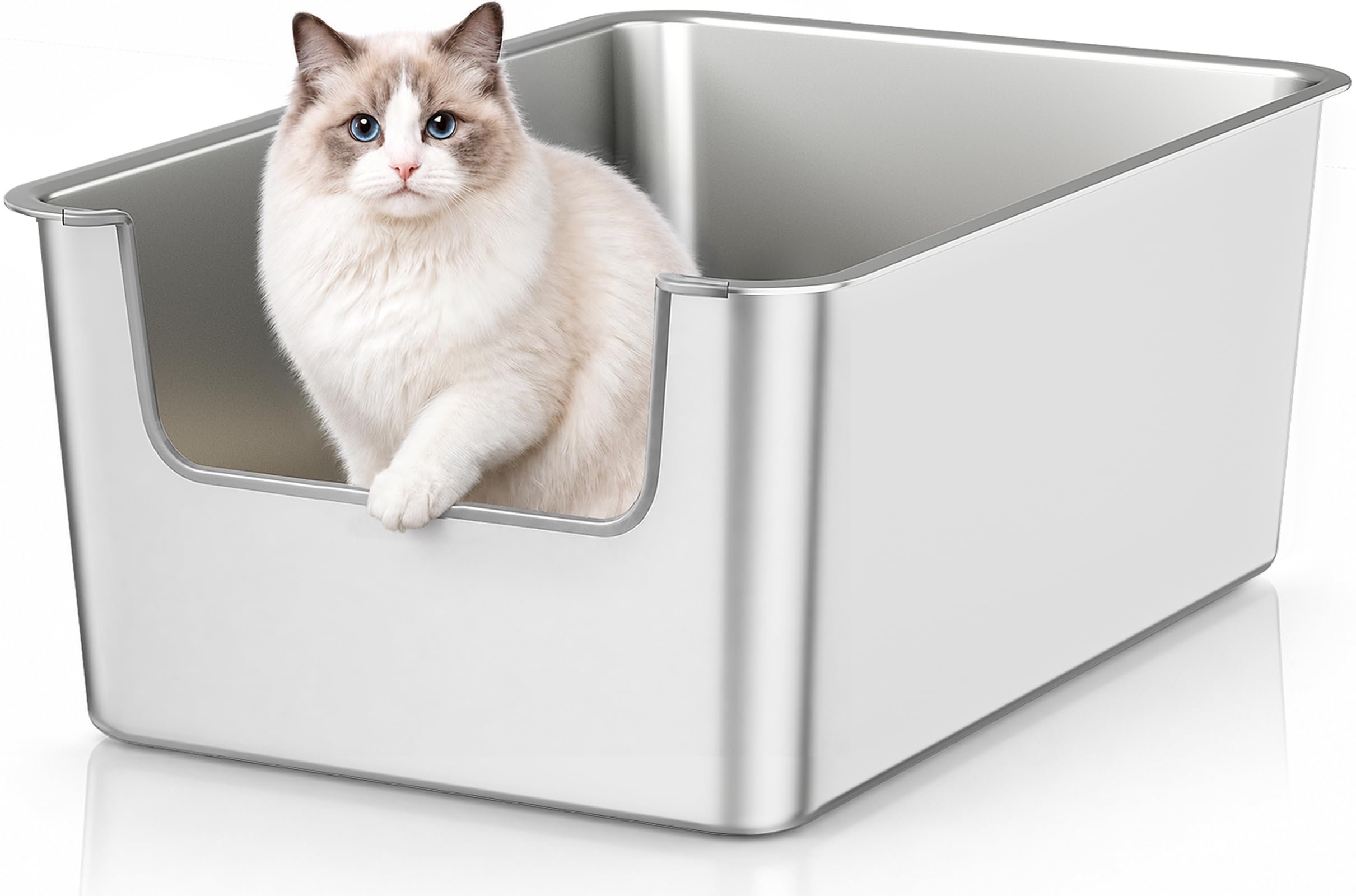 Bac Litière INOX à Bords Hauts, Maison de Toilette Ouverte pour Chat