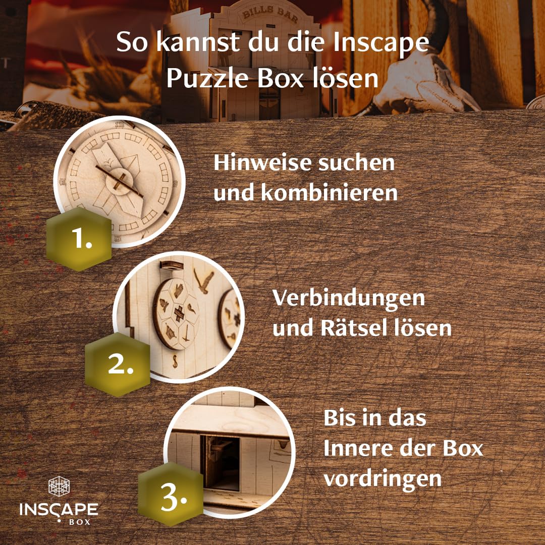 INSCAPE Wild West Riddles- Rätselbox Holz - Puzzle Box - Escape Room Spiel Erwachsene und Kinder - Knobelspiele für Erwachsene - 3D Holzpuzzle - Cluebox - Denkspiele