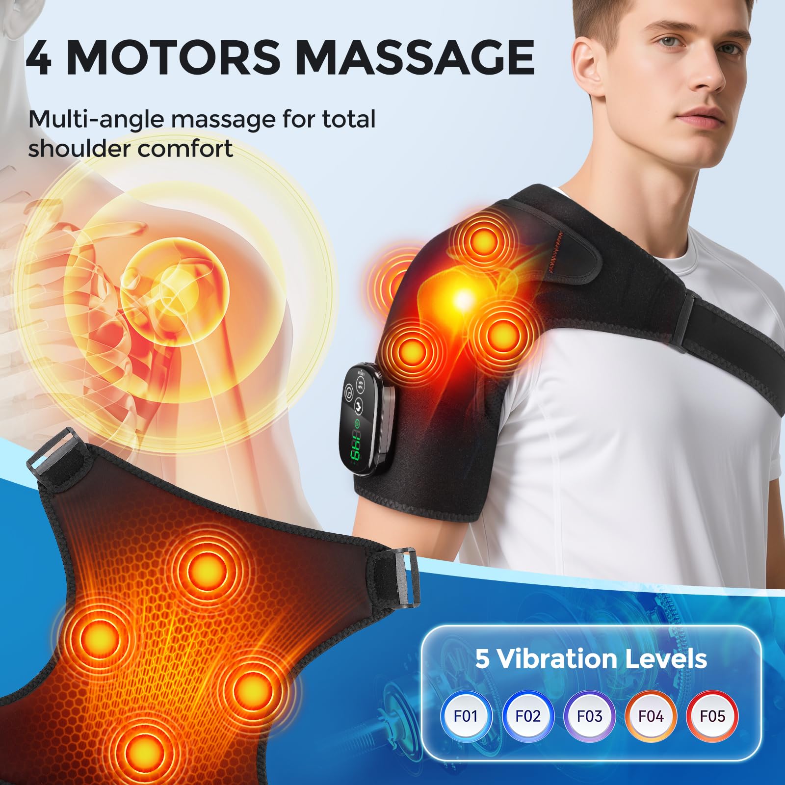 Schulter Massagegerät Kabellos Beheizte Schulterbandage mit 5000mAh | Schulterwärmer mit 5 Heizstufen 3 Vibration 3 Timer, Schultermassage Gerät mit Wärme, Geschenk für Vater Mutter - Schwarz