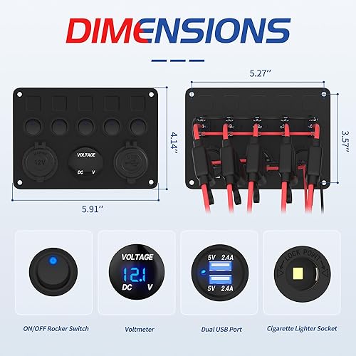 Miniatura 2 de RVMARINEPAT Panel de interruptor basculante de 5 bandas, con certificación UL, panel de interruptor de encendido y apagado de 12 voltios, LED azul