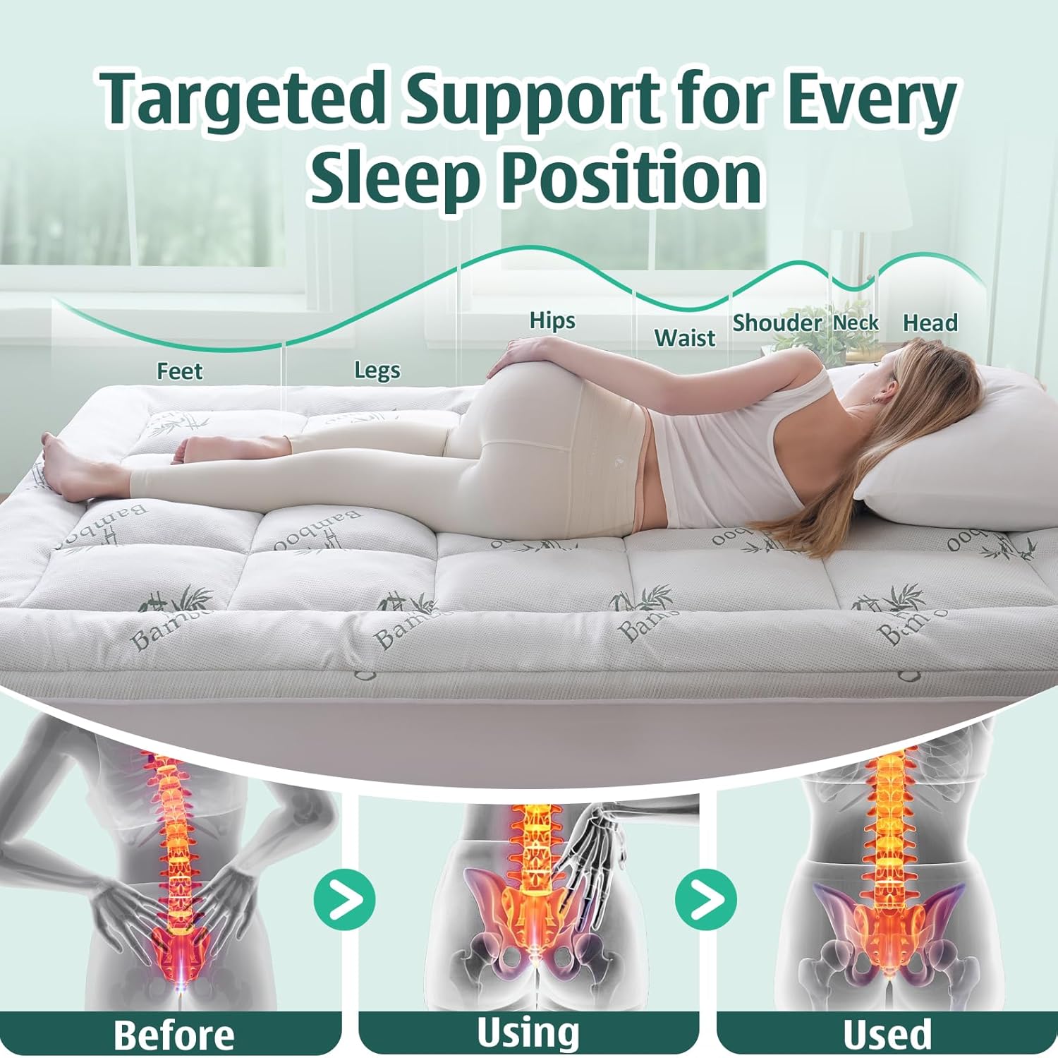 DOWNCOOL Memory Foam Mattress Topper Queen, Cooling Pillow Top Mattress Pad with Viscose Derived from Bamboo, Back Pain Relief, Deep Pocket Fits 8–21 Inch