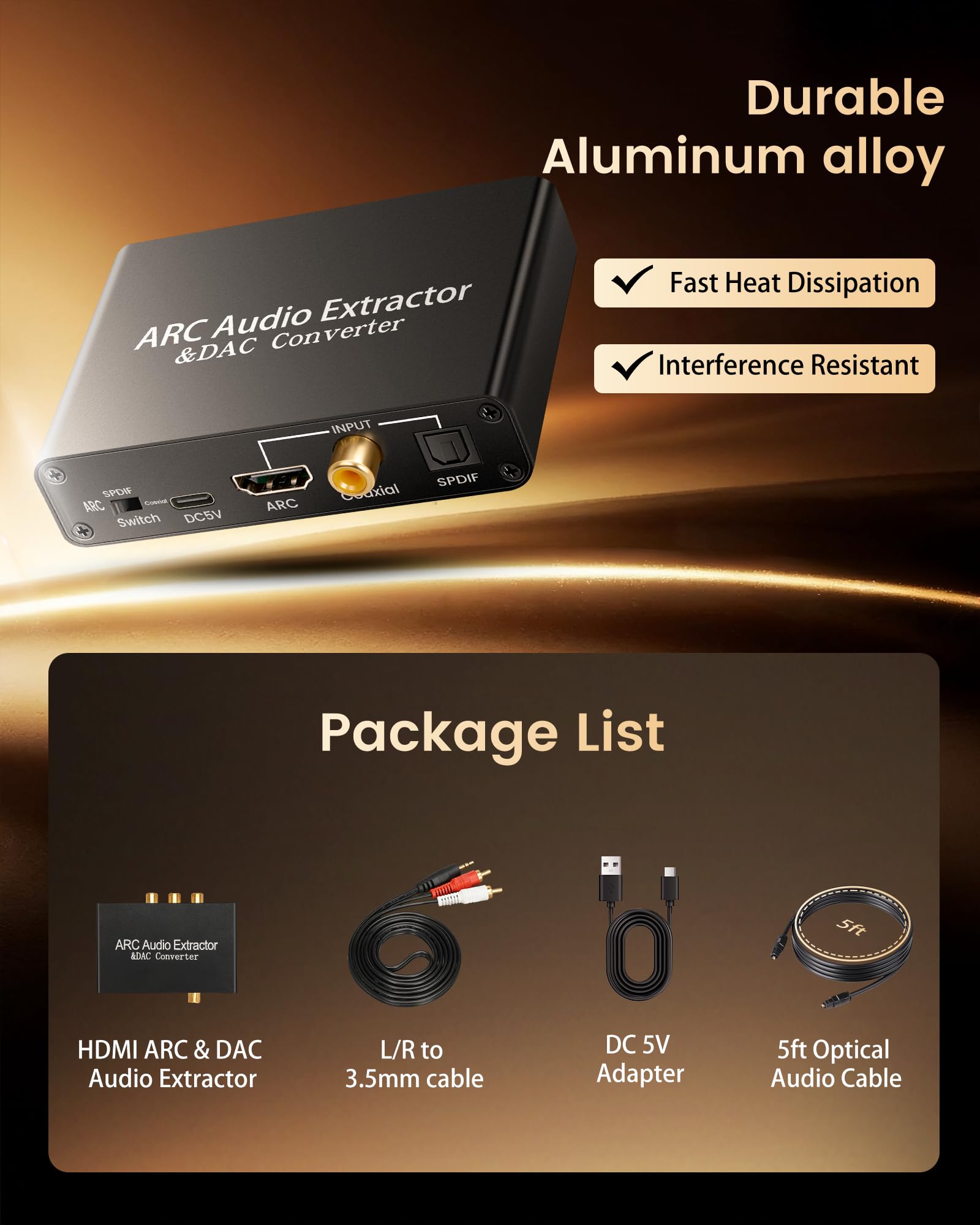 HDMI ARC Audio Extractor DAC Audio Converter, 192 KHz Digital to Analog Converter mit CEC, HDMI ARC/Optical/Coaxial Input, SPDIF/Optical/RCA/3.5mm Stereo Output