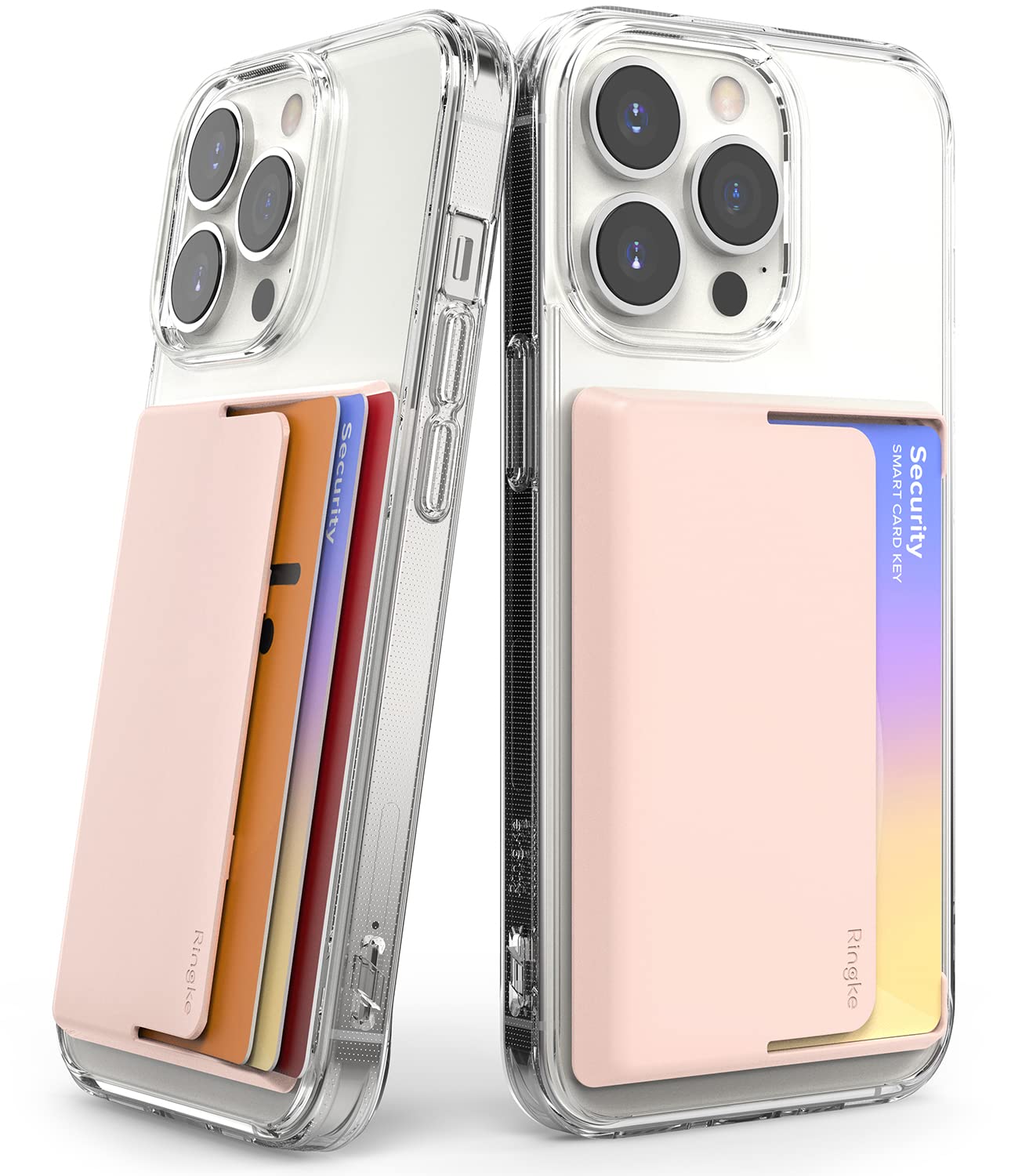 Ringke Side Slot Card Holder Compatible with iPhone Galaxy Smartphones, Adhesive Stick On Wallet Slim Hard Premium Card ID Sleeve - Peach Pink