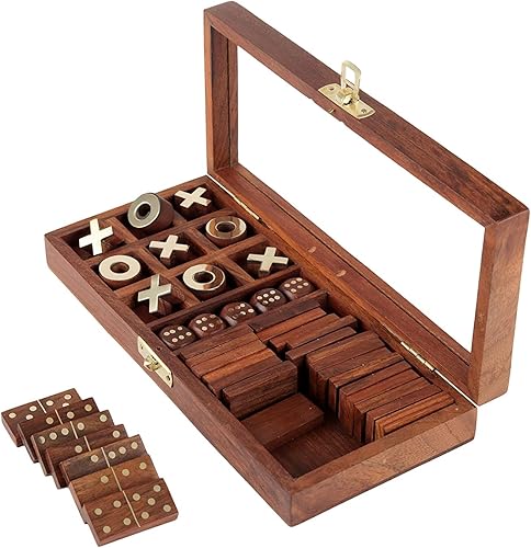 Miniatura 2 de Unique Wooden Craft - Juego de salón 3 en 1 de madera  28 dominó 9 fichas Tic-Tac-Toe y 5 dados de madera  Juega 3 juegos de mesa clásicos