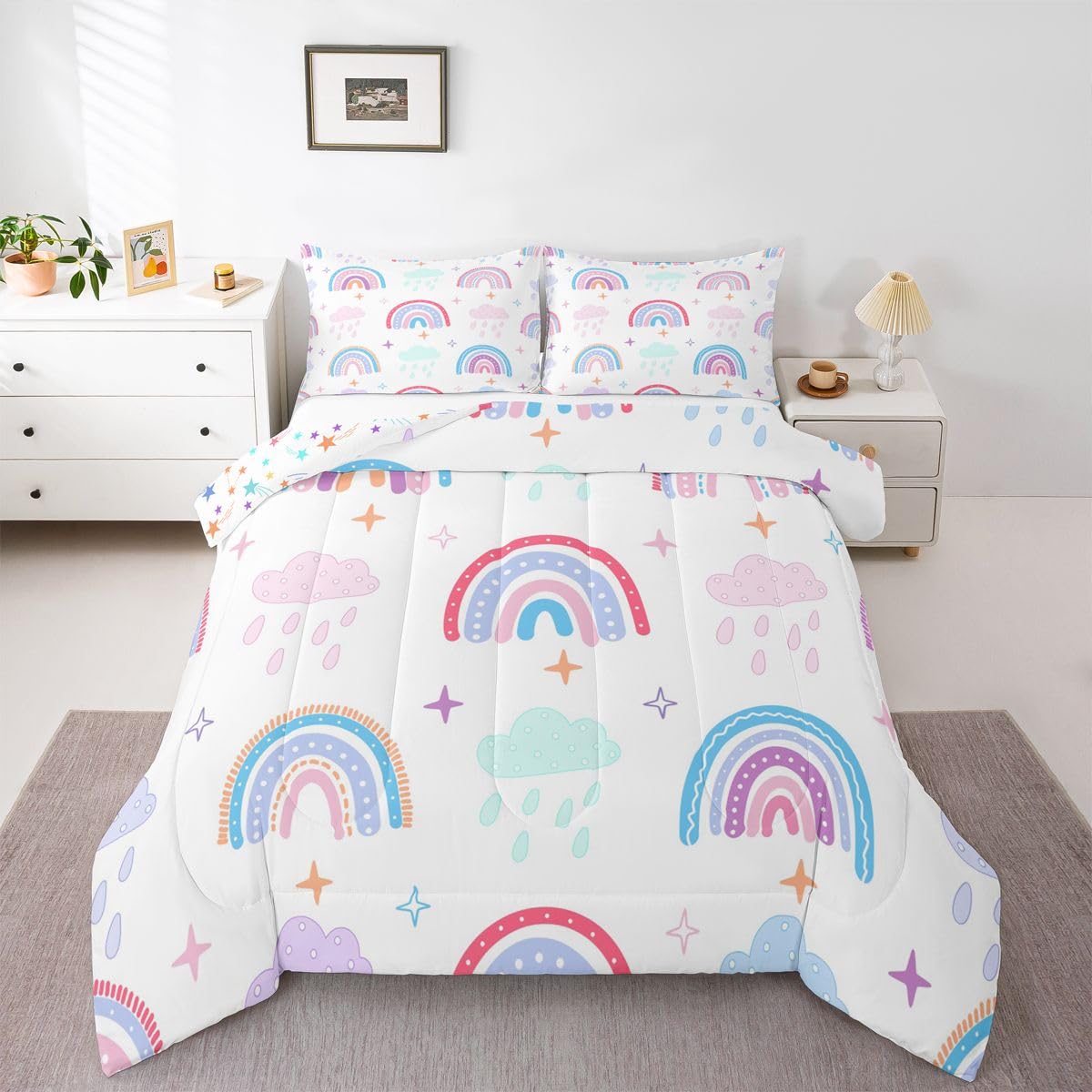 Rainbow Comforter Set For Kids, Pink Love Heart Duvet Insert Full Size, Kawaii Clouds Quilted Duvet For Girls Boys Children Bedroom Decor, Hand Drawn
