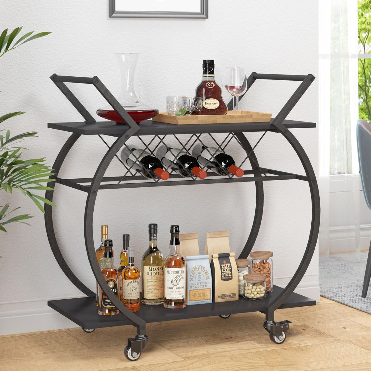 LVB Black Wine Cart with Wheels, Modern Bar Cart with Wine Rack, Industrial Beverage Rolling Kitchen Serving Cart with Storage, Metal Wooden Microwave Drink Liquor Cart for Home Dining Room, Black Oak