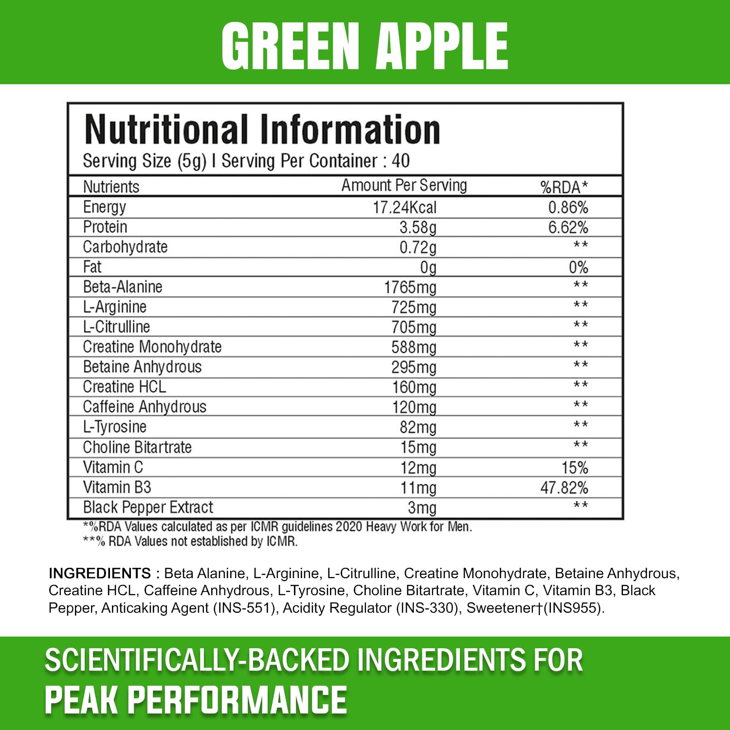 Instant Energy Pre Workout (200gm, 40 Servings, Green Apple) Supplement Powder with Creatine Monohydrate, Arginine, Beta-Alanine, Electrify Muscle Pump, for Men, Women — Amazon image 7
