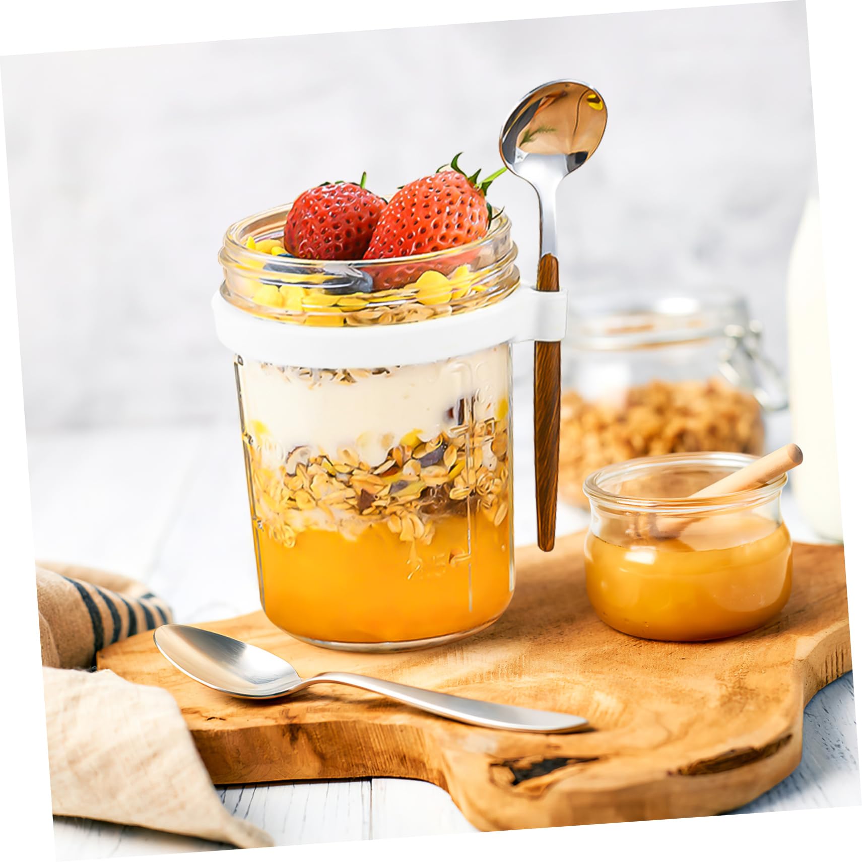 Garneck 4 Stück Overnight Oats Behälter Glasbehälter mit Deckel und Löffel 400ml Vorratsdose Glas mit Holzdeckel für Büro und Schlafsaal