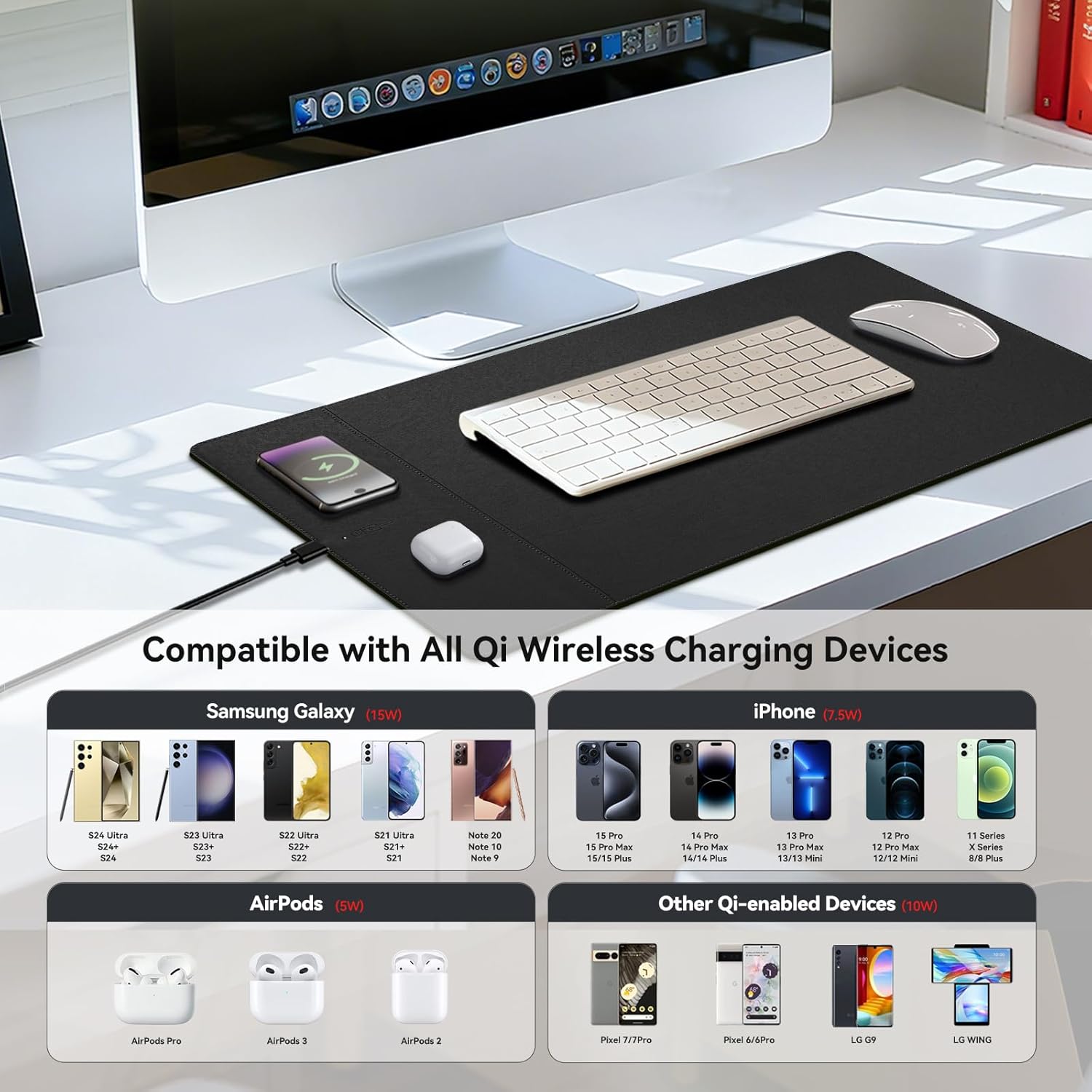 Wireless Charging Mouse Pad, 15W Fast Charge Magnetic Charger Desk Pad, Large Office Desk Mat (23.4"x15.6") with Ultra-Smooth Surface, Black Computer Mousepad for MacBook, PC, Laptop