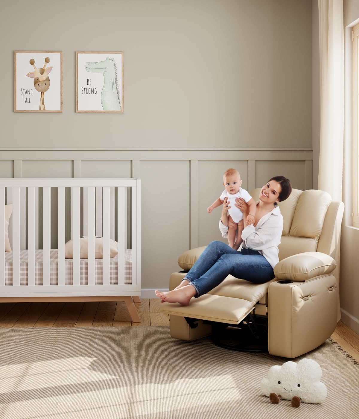 Oversized Power Recliner Chair with Heat and Massage - 360° Swivel Faux Leather Rocking Chair for Adults with Cup Holder for Living Rooms, Bedrooms, and Nurseries-Beige