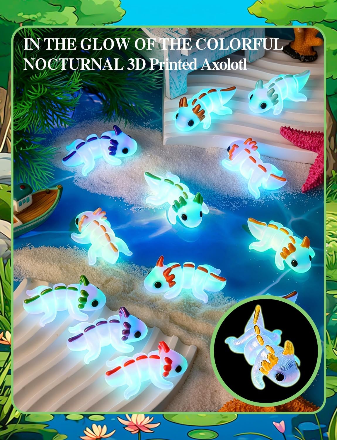 36PCS Glow in The Dark 3D Printed Axolotl Fidget Charms 3D Printed Axolotl Figures, Flexible Printed Axolotls Stress Relief Set for Party Play Display Christmas Valentine's Day Gifts