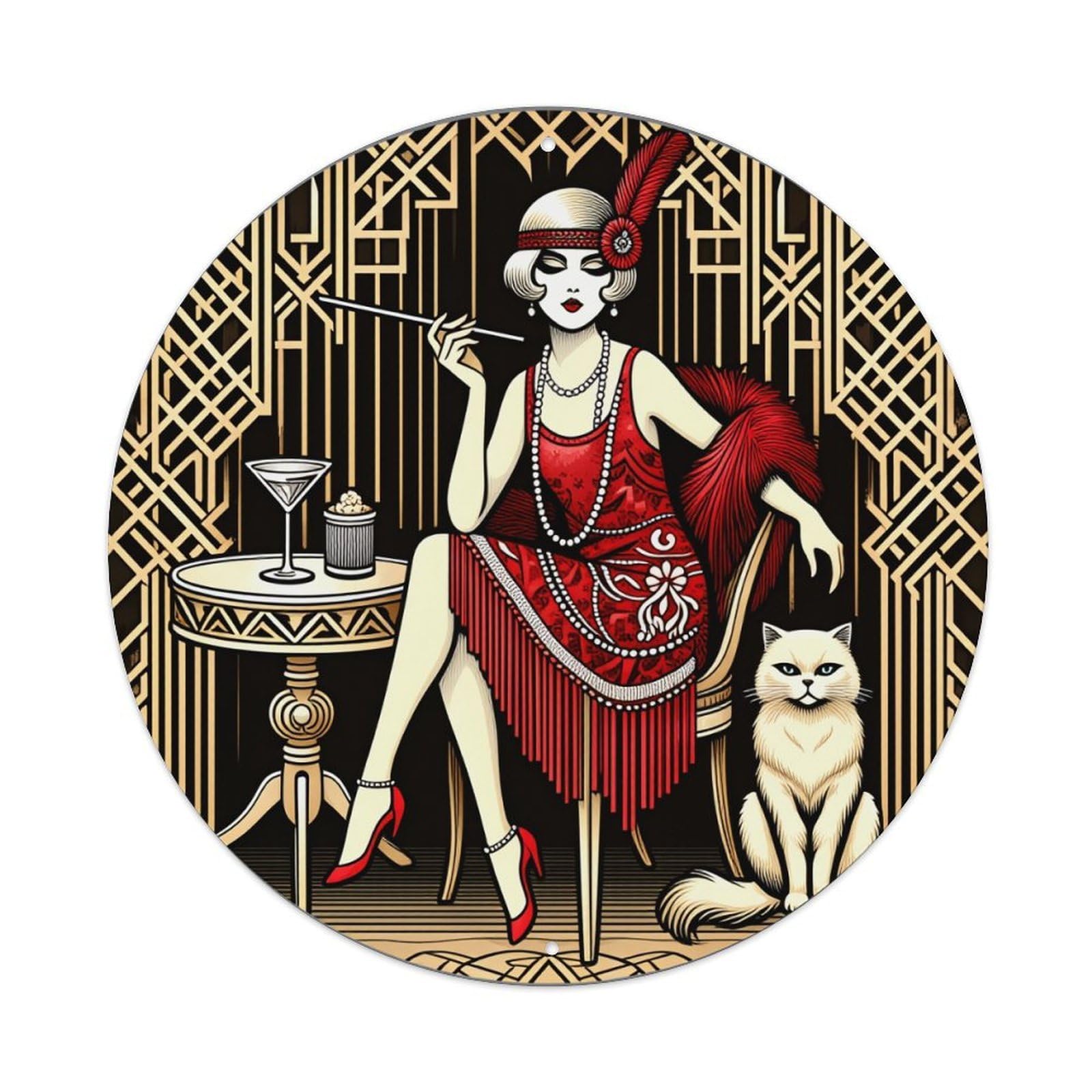 Art Deco Flapper Cat Cocktail Round Tin Sign Vintage Metal Poster, Home Bar Garage Man Cave Cafe Indoor & Outdoor Wall Decoration 8x8Inches