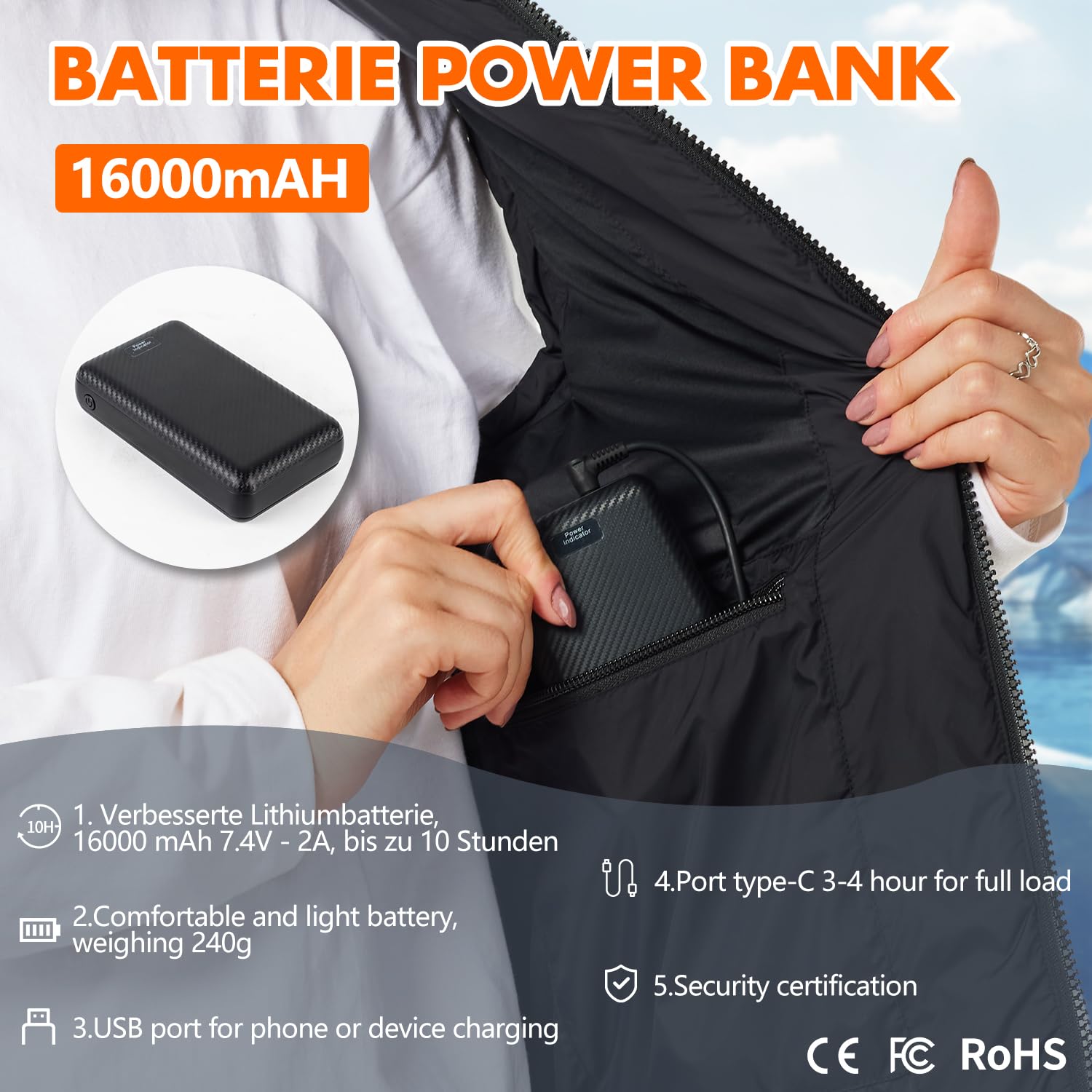 Chaleco Calefactable Mujer: Chaleco Calefactable con Capucha Ropa Calefactable Mujer Chaleco Calefactor con Batería 7.4V 16000mAh (FR/ES, Letras, M, Regular, Regular, Negro)