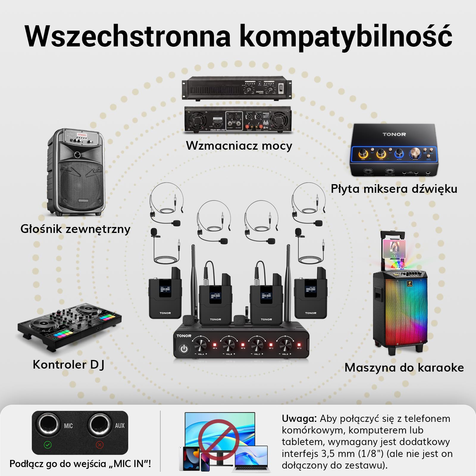 Bezprzewodowy zestaw TONOR UHF z 4 nadajnikami bodypack/zestawem słuchawkowym/mikrofonem typu lavalier, bezprzewodowy mikrofon 4x5 częstotliwości o zasięgu 60 m do wokalnego karaoke, DJ PA, TW364