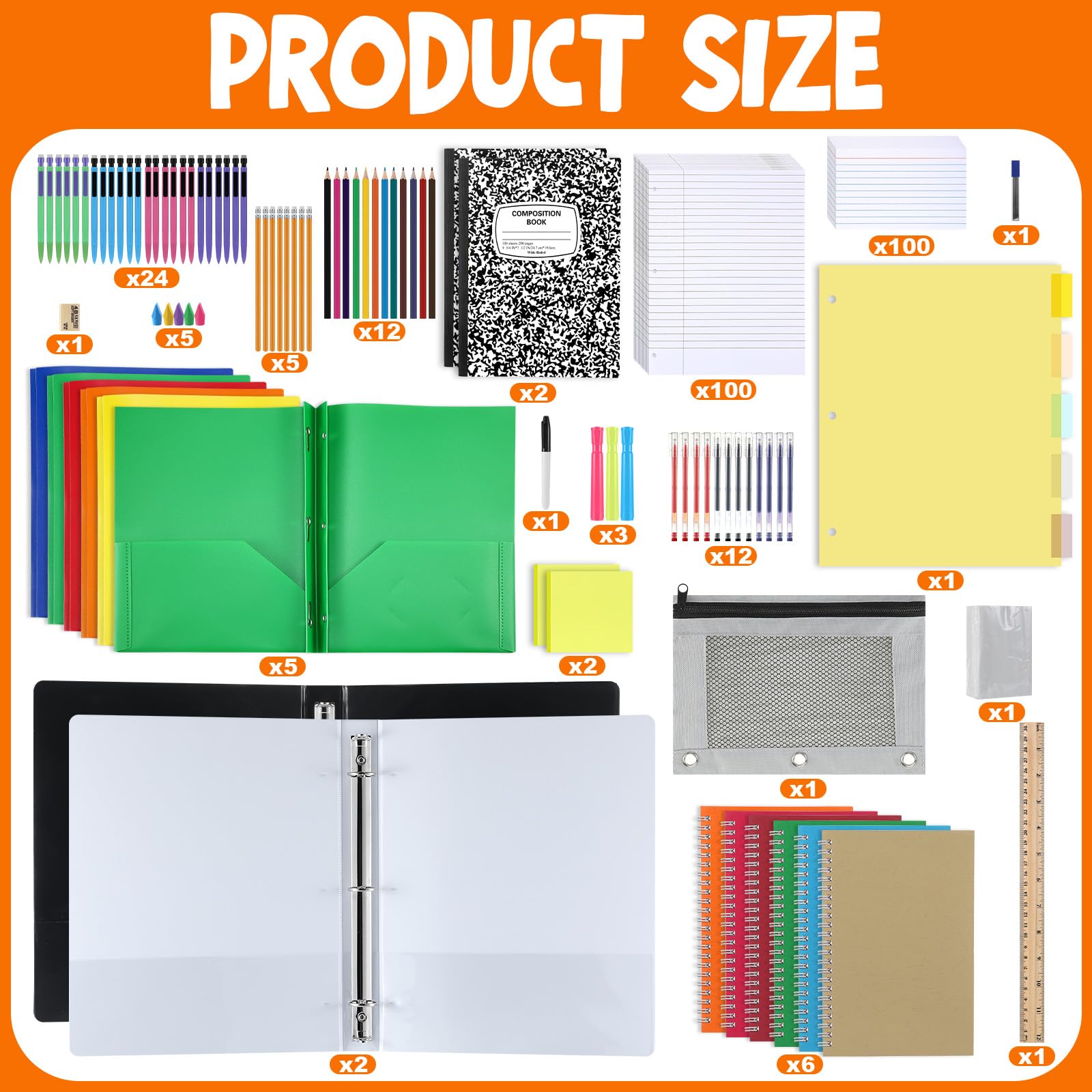 Kit de fournitures scolaires pour la rentrée scolaire comprenant des notes adhésives, des spirales, des intercalaires, des classeurs, des crayons, des stylos et bien plus encore pour garçons