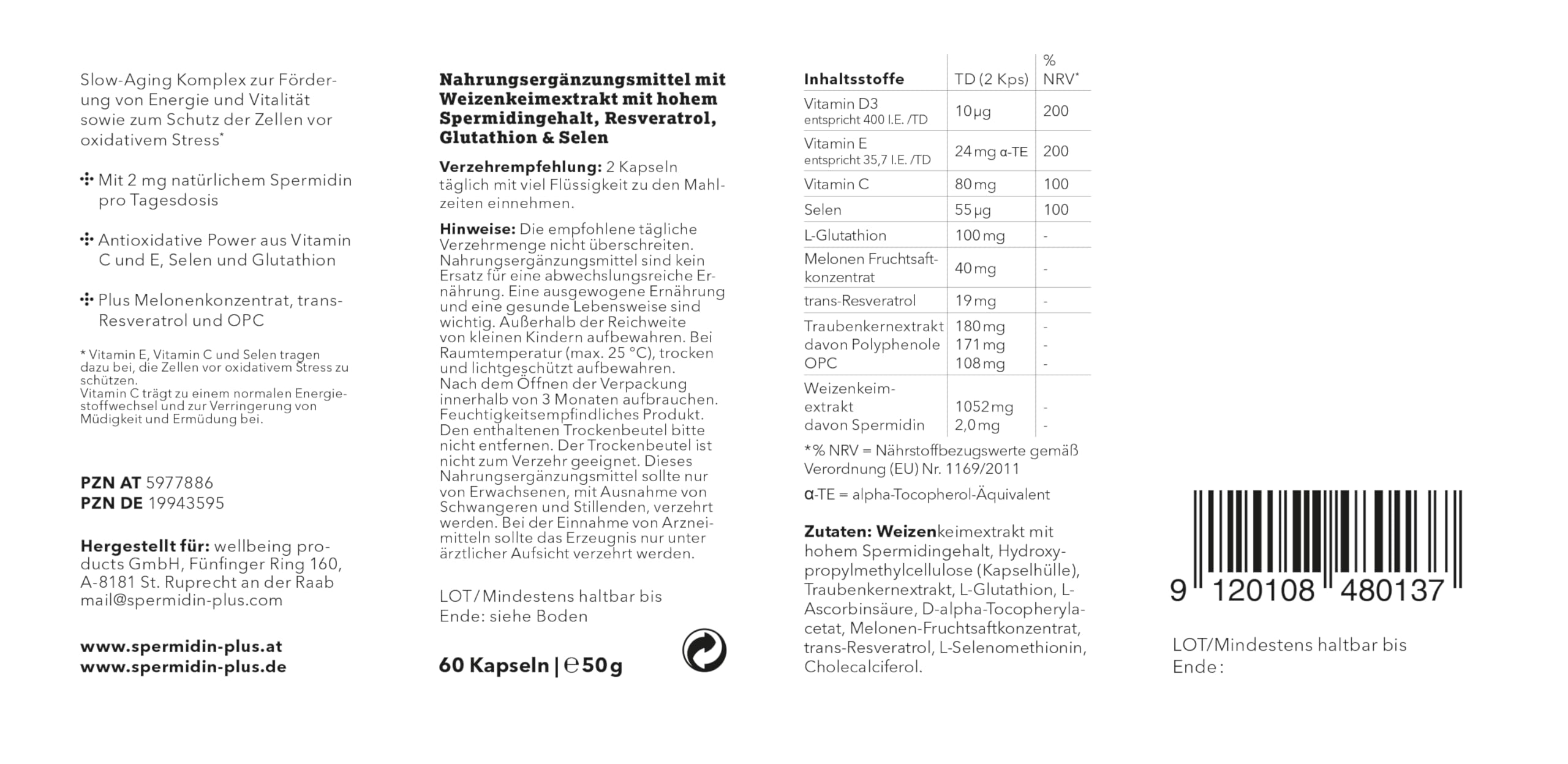 Spermidin Longevity Kapseln - 2 mg natürliches Spermidin | Spezialformel für Better Aging | Plus Melonenkonzentrat, Trans-Resveratrol und OPC | Apothekenqualität aus Österreich