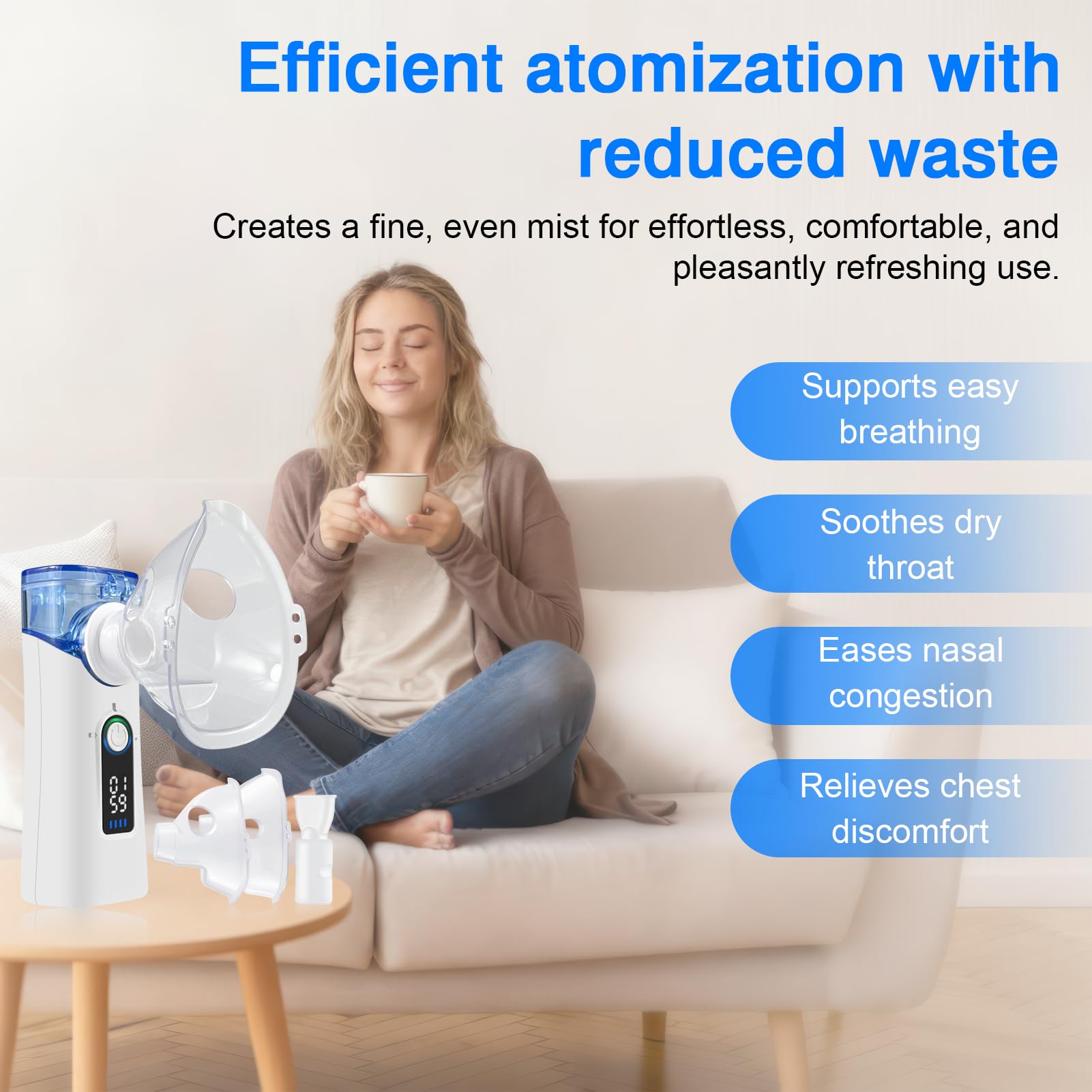 Aerosol Portatile Silenzioso, Aerosol Ultrasuoni Ricaricabile USB-C con Autopulizia, Macchina Aerosol con Nebulizzazione Regolabile, 2 Maschere e Boccaglio per Adulti e Bambini, Casa e Viaggio