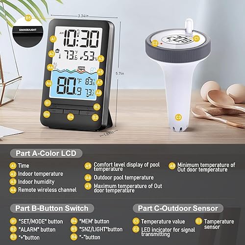 Miniatura 2 de Termómetro inalámbrico WiFi para piscina con pantalla LCD digital de 4 pulgadas fácil de leer, termómetro de agua perfecto para piscina interior y