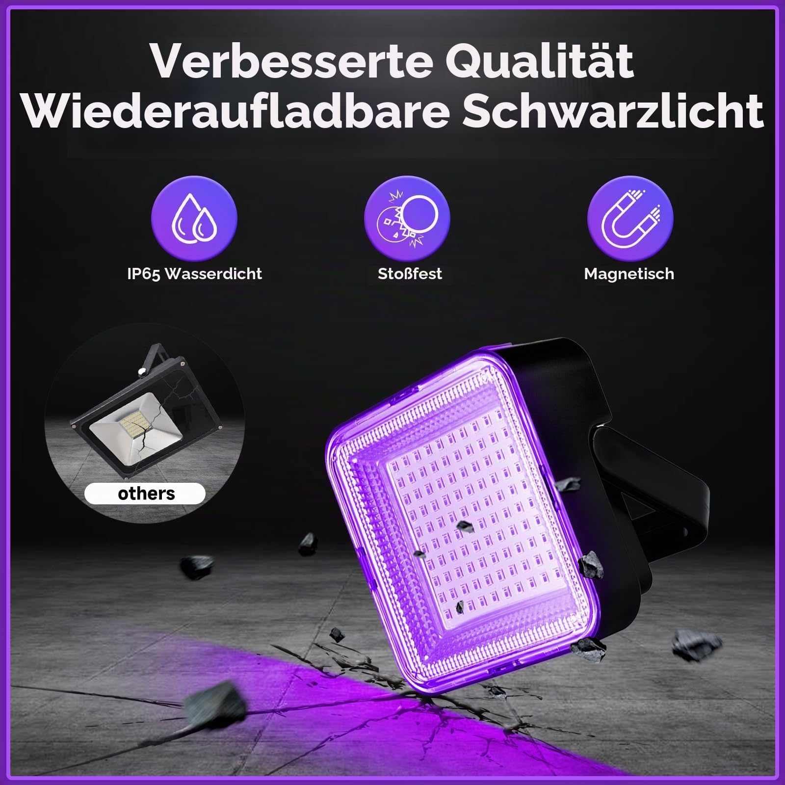 Schwarzlicht Strahler 60W, WINNIW 120 LED UV Schwarzlichtlampe, Wiederaufladbares Dimmbares UV-Licht für Schwarzlichtparty, Neonparty, Halloween, Bodypainting, Fluoreszenzeffekt, Disco