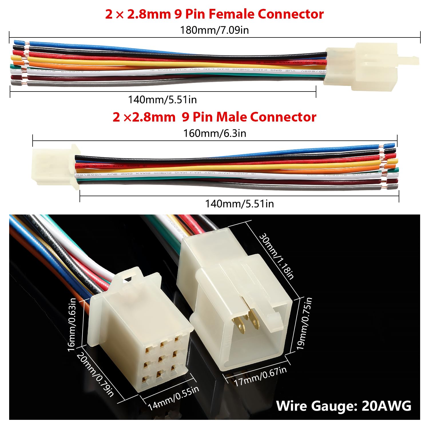 YIXISI 2 works 2.8mm 9 Pin Automotive Electrical Wire Connectors, Male and Female Housing Connector with 140mm 20 AWG Cable - Image 2