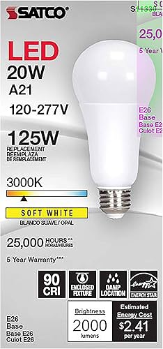 Miniatura 5 de Satco Lámpara de repuesto de base media A21 LED de 5.55 pulgadas, 20 W, temperatura de color 5000, acabado blanco