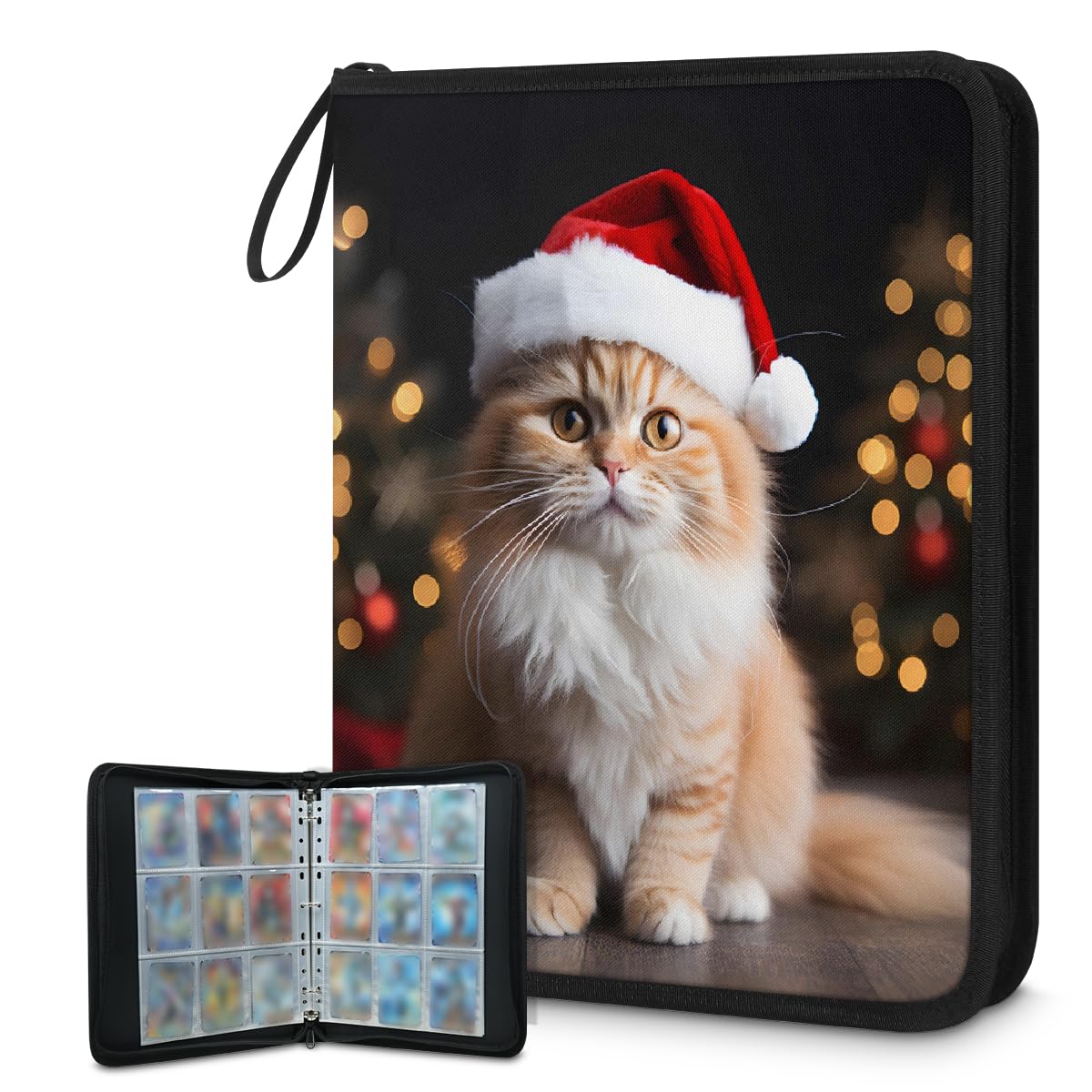 Raccoglitore per carte collezionabili con 9 tasche, motivo natalizio con gatto, con maniche rimovibili, impermeabile, con cerniera, 50 pagine, capacità 900 carte