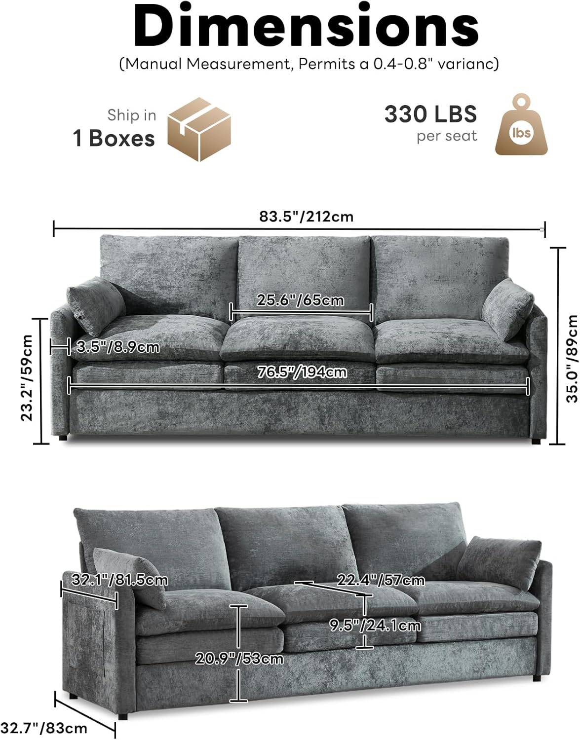 Iroomy Cloud Couch, 83.5" W Modern Sofa Spring Seat Cushions, Ultra Soft Upholstered Comfy 3-Seater w/Arm Pillows, Removable Chenille Covers, Living Room Furniture, Home Apartment Office, Gray | Ultra Soft Cushions, Dual-layered Cushion, Pocket Spring, Cloud Comfort, Premium Chenille