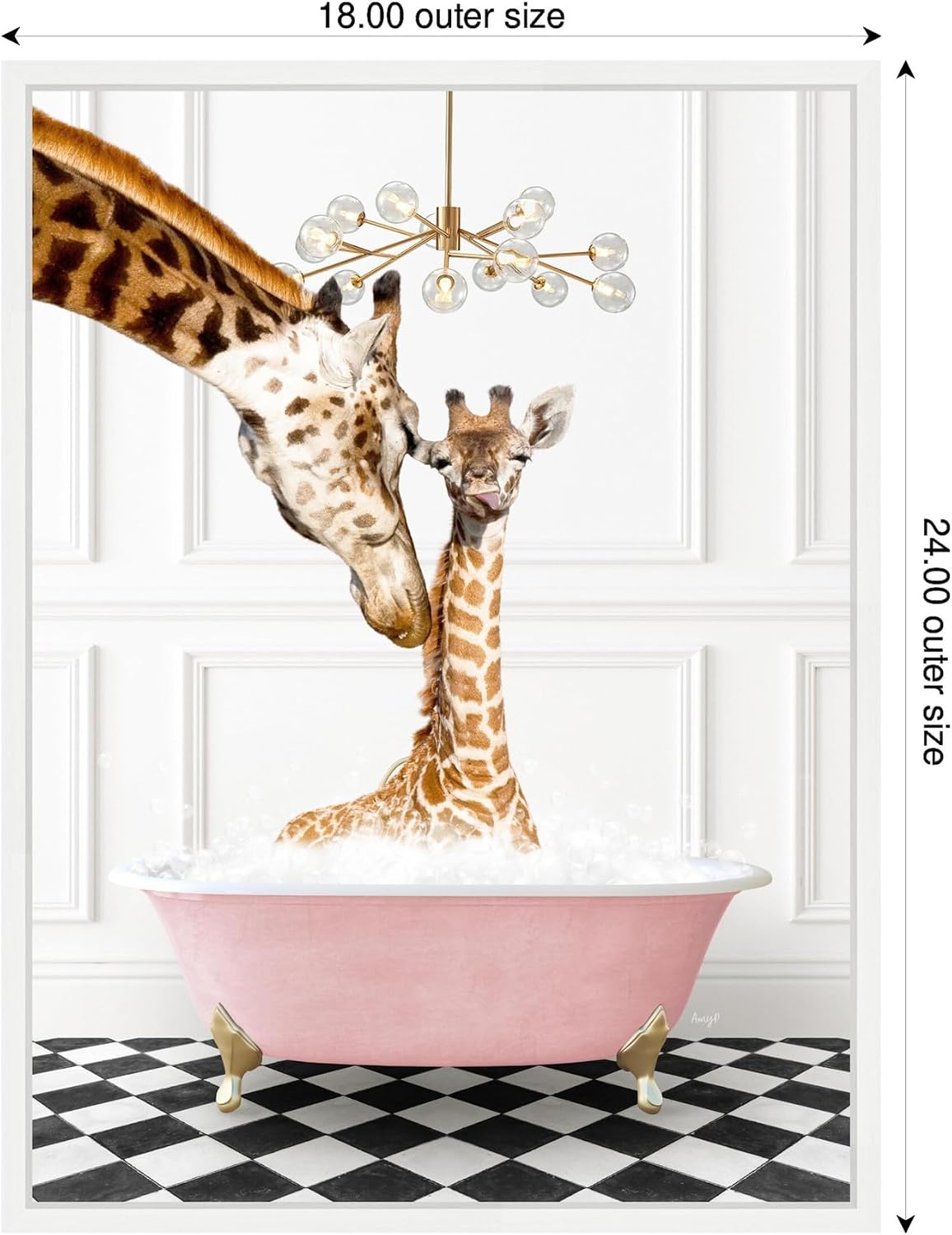 Kate and Laurel Mother and Baby Giraffe in Pink Bathtub on Checker Floor Framed Canvas Wall Art by Amy Peterson 18 x 24 Sylvie White, Whimsical, Animals, Bathroom, Humor Art for Wall Decor, Living