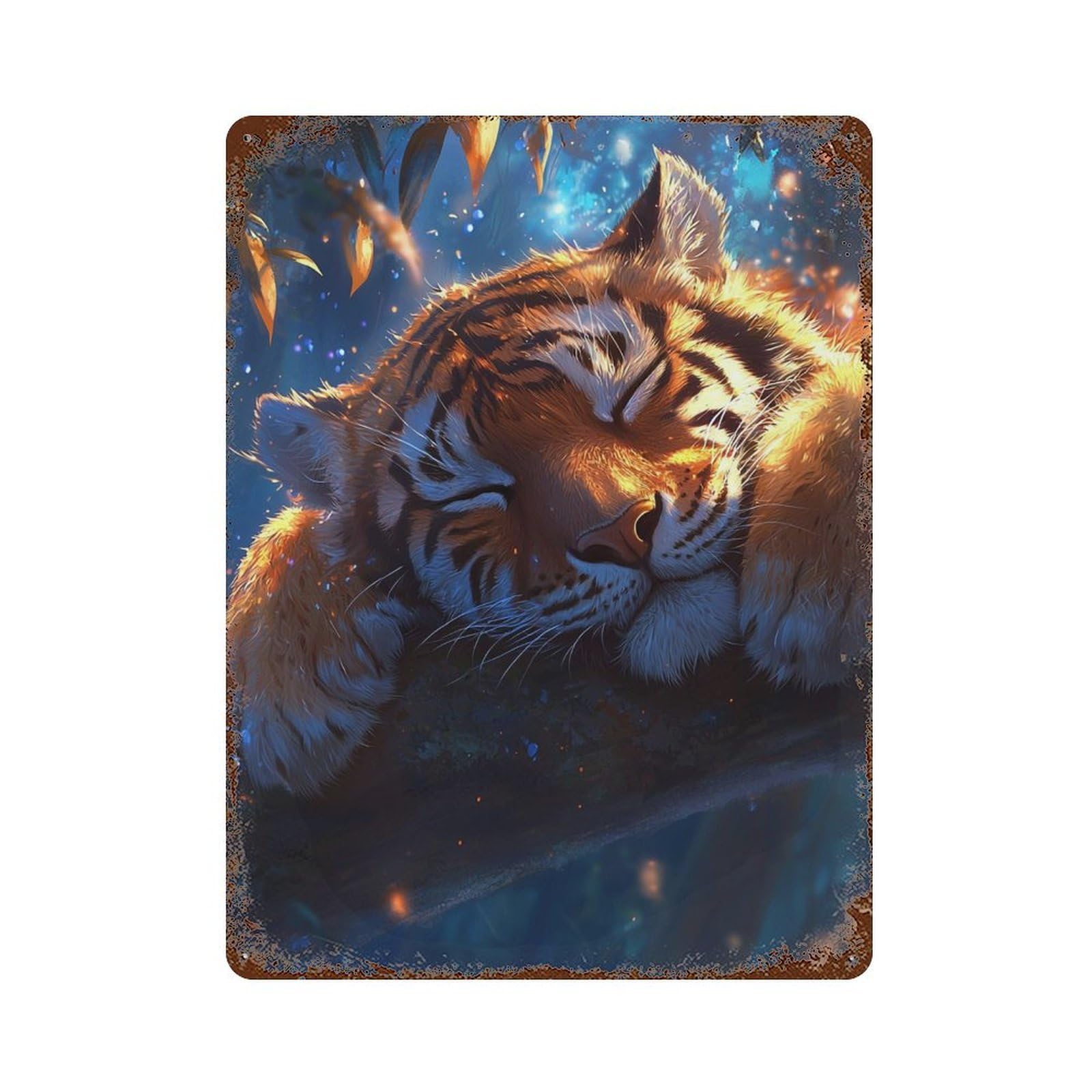 Sleeping Tiger Fantasy Artwork Weathered Tin Sign 15.7"x11.8", Rustic Home Decor for Garage, Bar And Workshop Decor