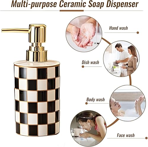 Miniatura 5 de Dispensador de jabón de manos de cerámica, dispensador de jabón retro de tablero de ajedrez para cocina, dispensador de mano de 10.5 onzas con bomba