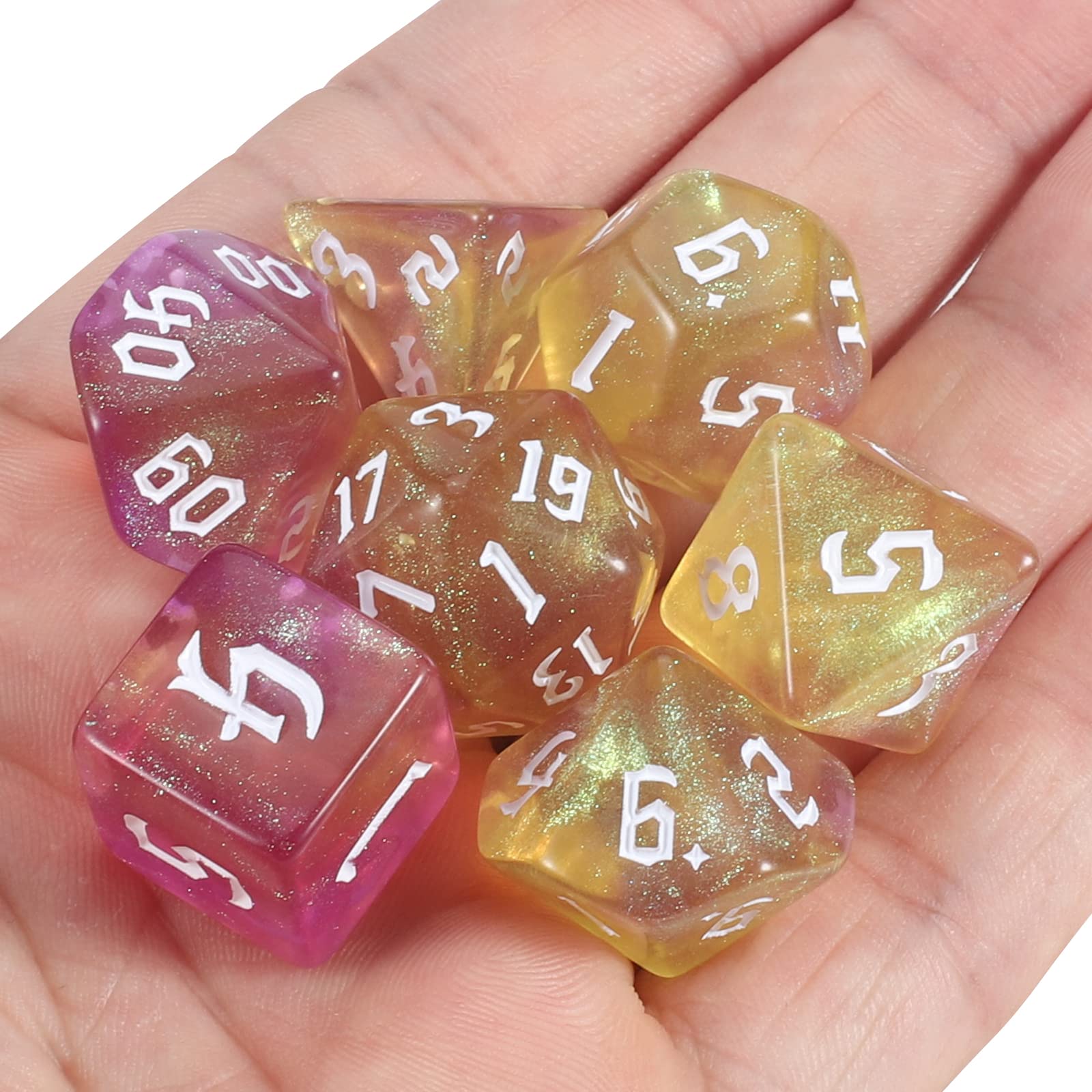 QMAY Juego de dados DND Dados Poliédricos - 7 piezas para Dungeon y Dragons MTG RPG D&D D20, D12, D10, D%, D8, D6, D4 (amarillo mezclado con púrpura + brillo)